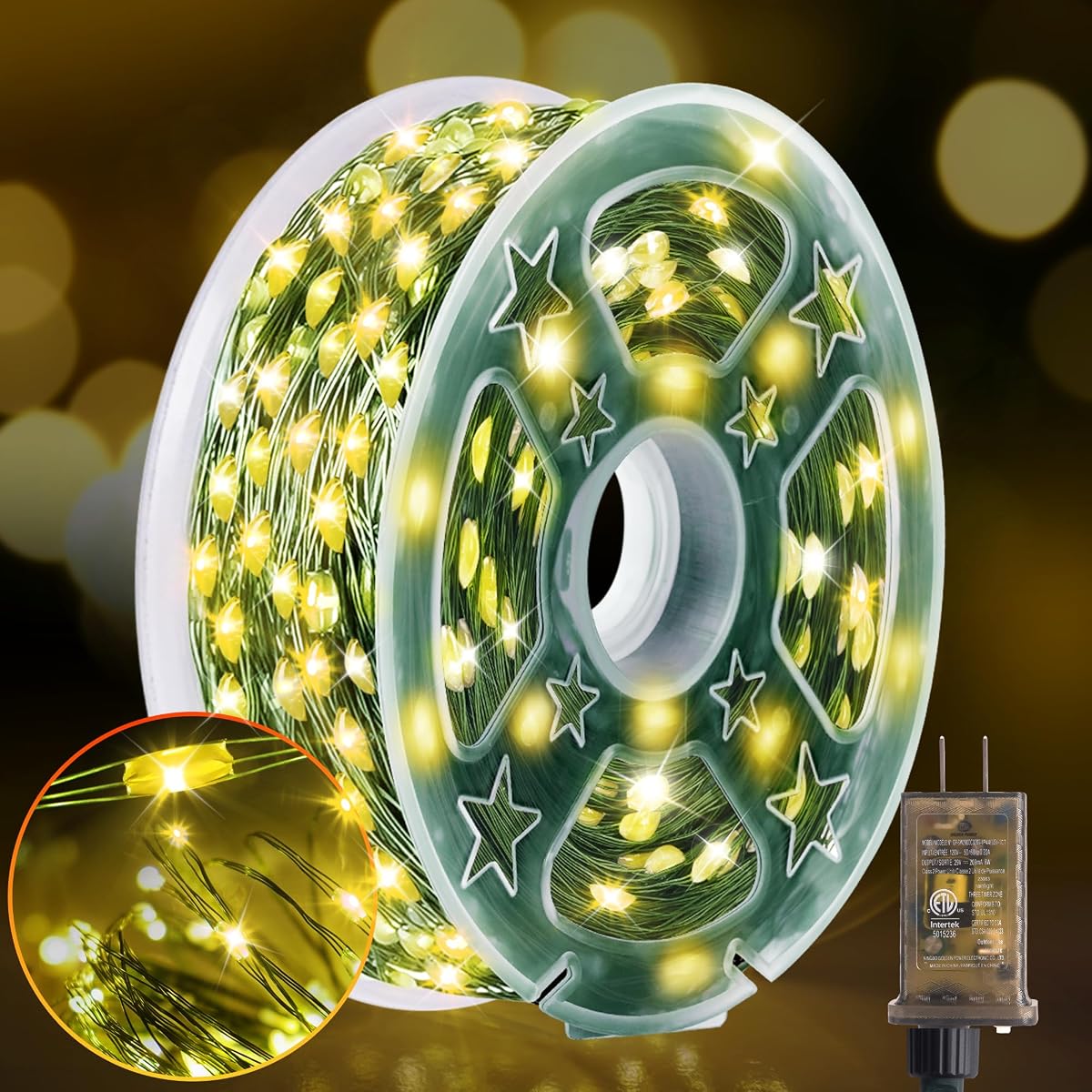 KNONEW 100FT Outdoor Christmas Fairy Lights, 300 LED, Waterproof, Warm White,