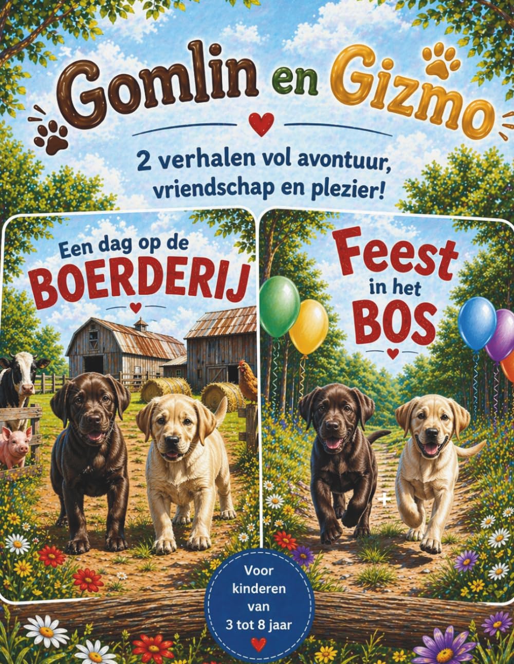 Gomlin en Gizmo | 2-in-1 Kinderboek: Een dag op de boerderij & Feest in het bos | Prentenboek over dieren voor kinderen 3-8 jaar (voorlezen & zelf lezen) honden voorleesboek peuters kleuters cadeau
