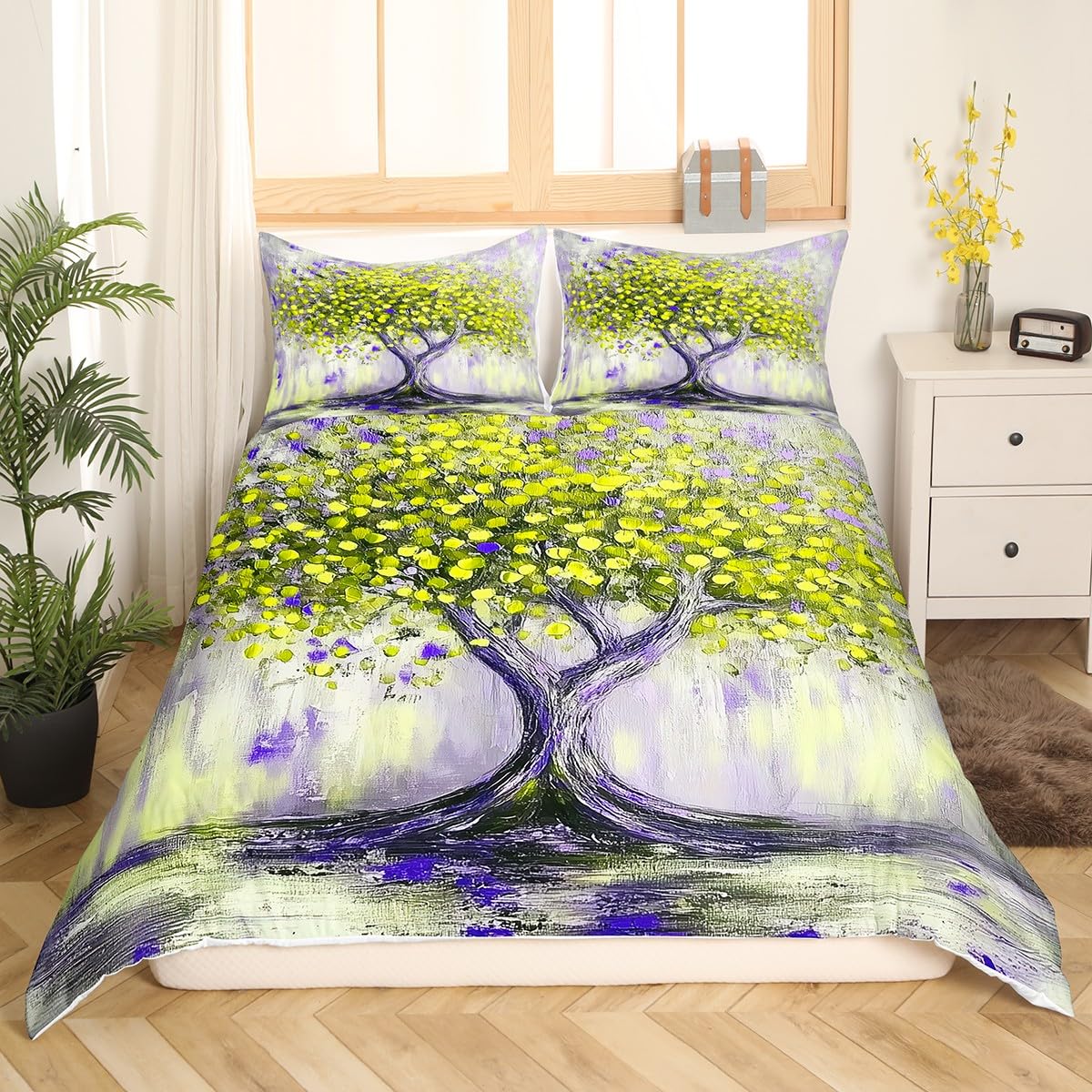 meiyoeat Nature Landscape Comforter Cover Set Yellow Tree Bedding Set Boys Girls Retro Tree of Life Duvet Cover Set Abstract Art Quilt Cover with 1 Pillowcase 2Pcs Bedding Toddler,No Comforter