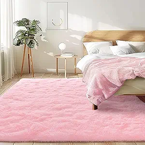 5x7 Fluffy Pink Area Rug - Soft Cute Shag Fuzzy Rug for Bedroom - Anti-Skid Living Room Girls Rug Pink Home Decor