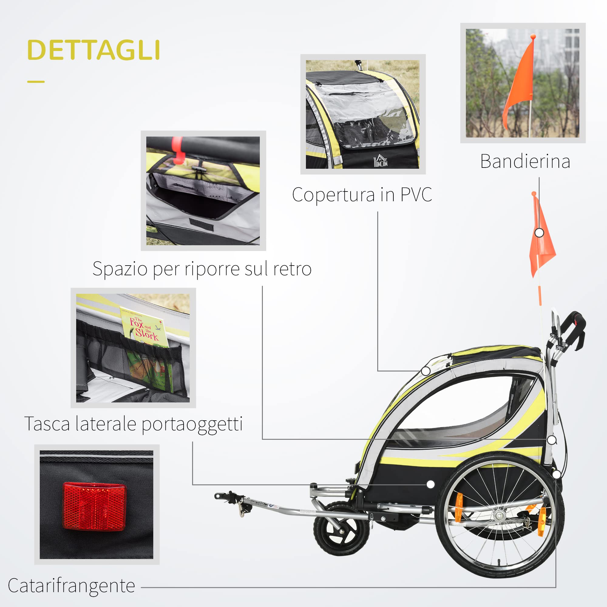 Rimorchio Bici Passeggino per 2 Bambini con Freno, Cintura e Tasche 116-142x75x101 cm Colore Giallo - 026YL/440