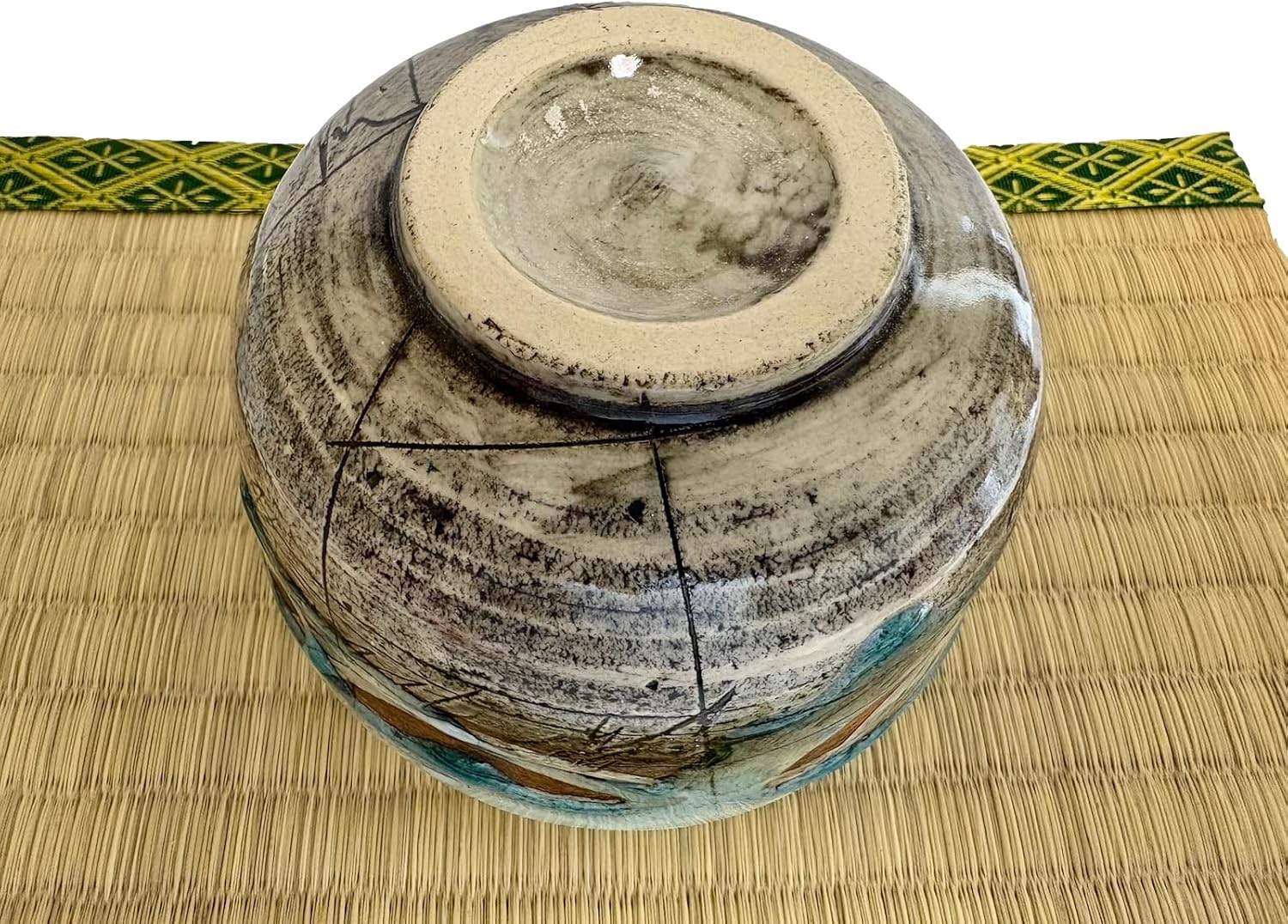 Hand-made Japanese Mino Ware Ceramic Matcha bowl Engraved with Lines Pattern 4.45 Inches Diameter Tea Cup for Tea Ceremony from Japan (Turquoise)