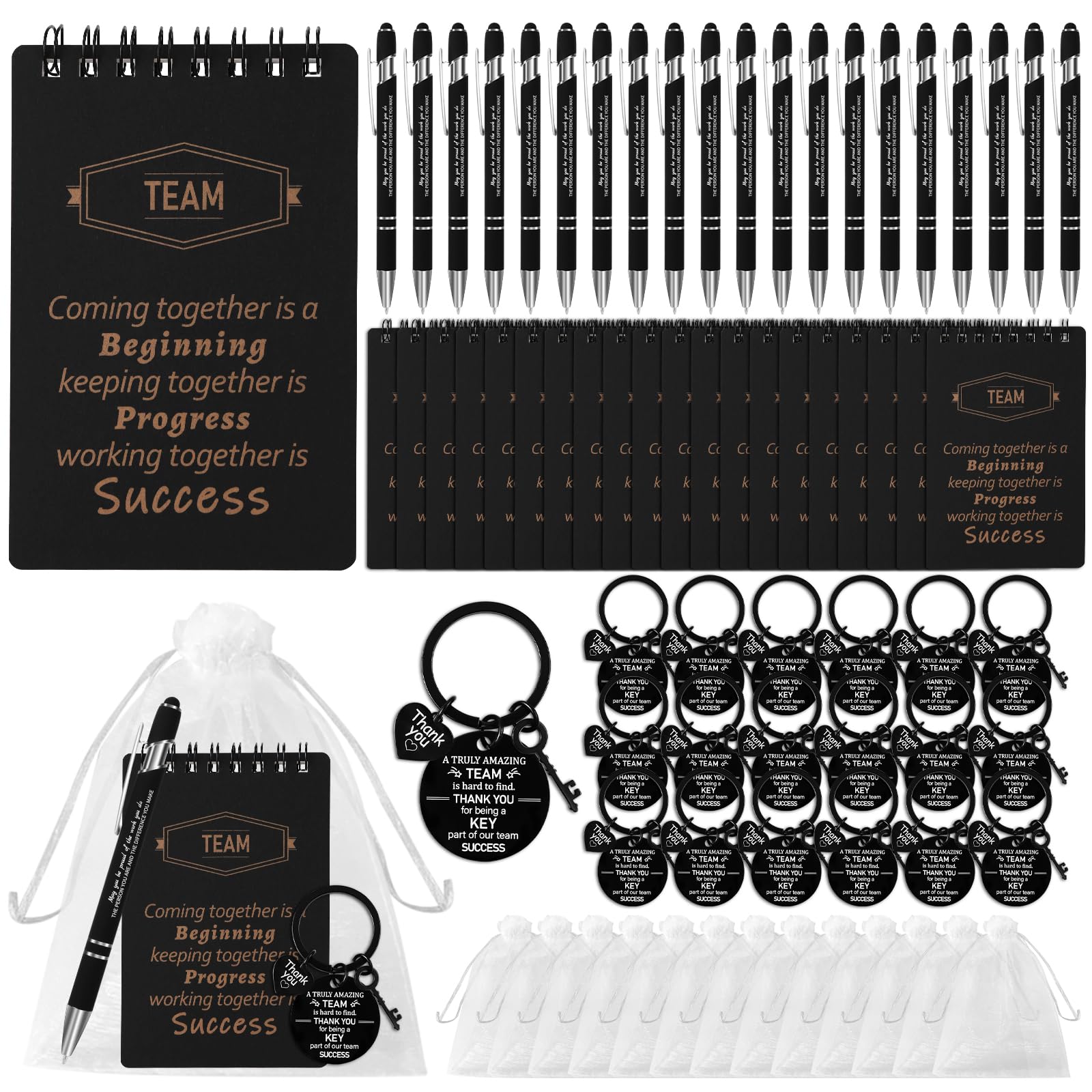 CZWZ 80 Pcs Employee Appreciation Gifts Set, Includes Notepads Pens Thank You Keychains and Organza Bags, Team Recognition Gifts for Coworkers Staff Employees Retirement Birthday Christmas(Black)