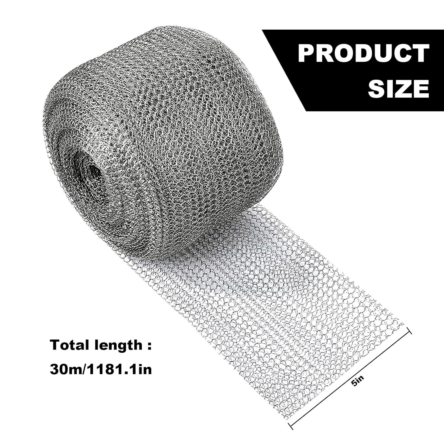 EATAKWARD 5”x 100 ft Stainless Steel Mesh Roll, Rusty-Proof Flexible Stainless Steel Wool Holding up Well Tight Spots, Wire Mesh Roll Screen for Fill Fabric DIY Kit, Mesh Gap Blocker