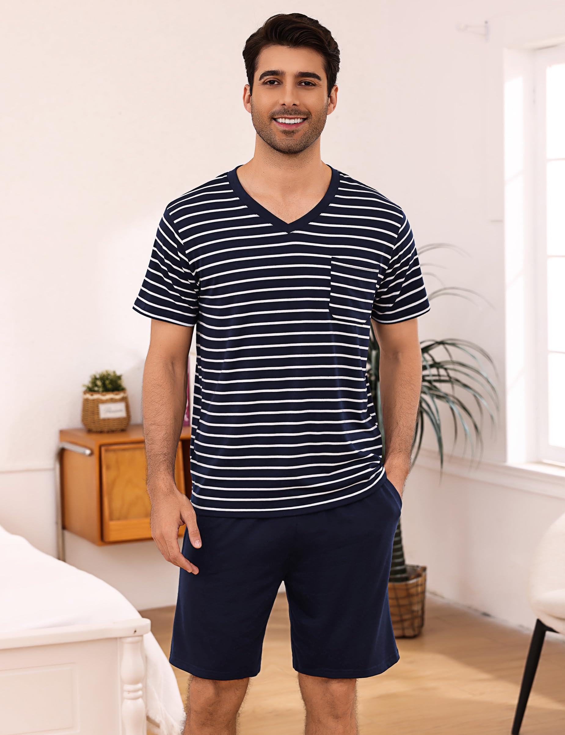 Litherday Schlafanzug Herren Kurz Pyjama Baumwolle Sommer Pyjama Set Kurzarm Zweiteiliger Nachtwäsche Männer Gestreift