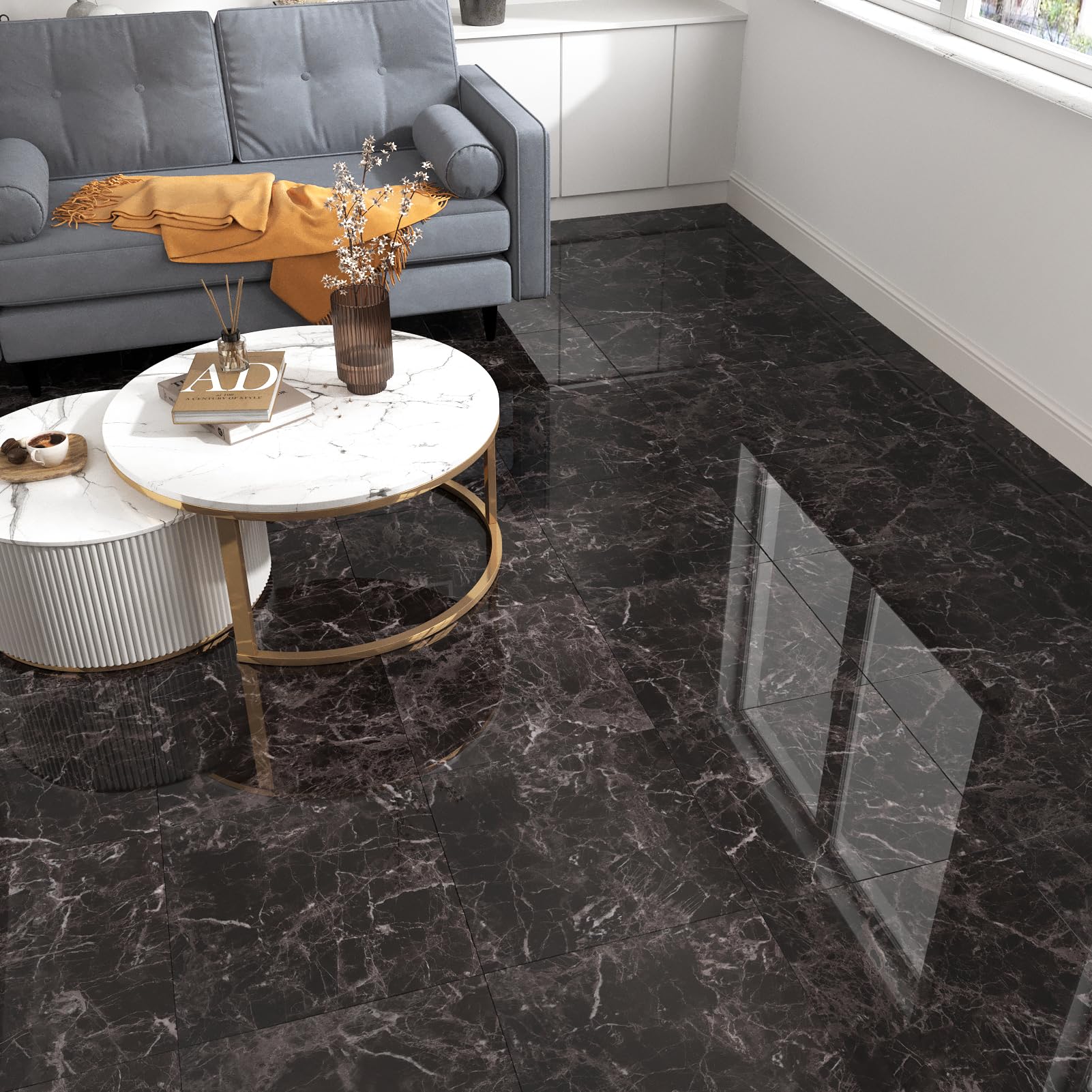 24 Piezas Suelo Vinilico Negro Claro Mármol Suelo Vinilo Autoadhesivo Antideslizante Suelo Laminado Impermeable Losetas Autoadhesivas Negro Para Cocina Vinilo Suelo Baño 30cm x 30cm