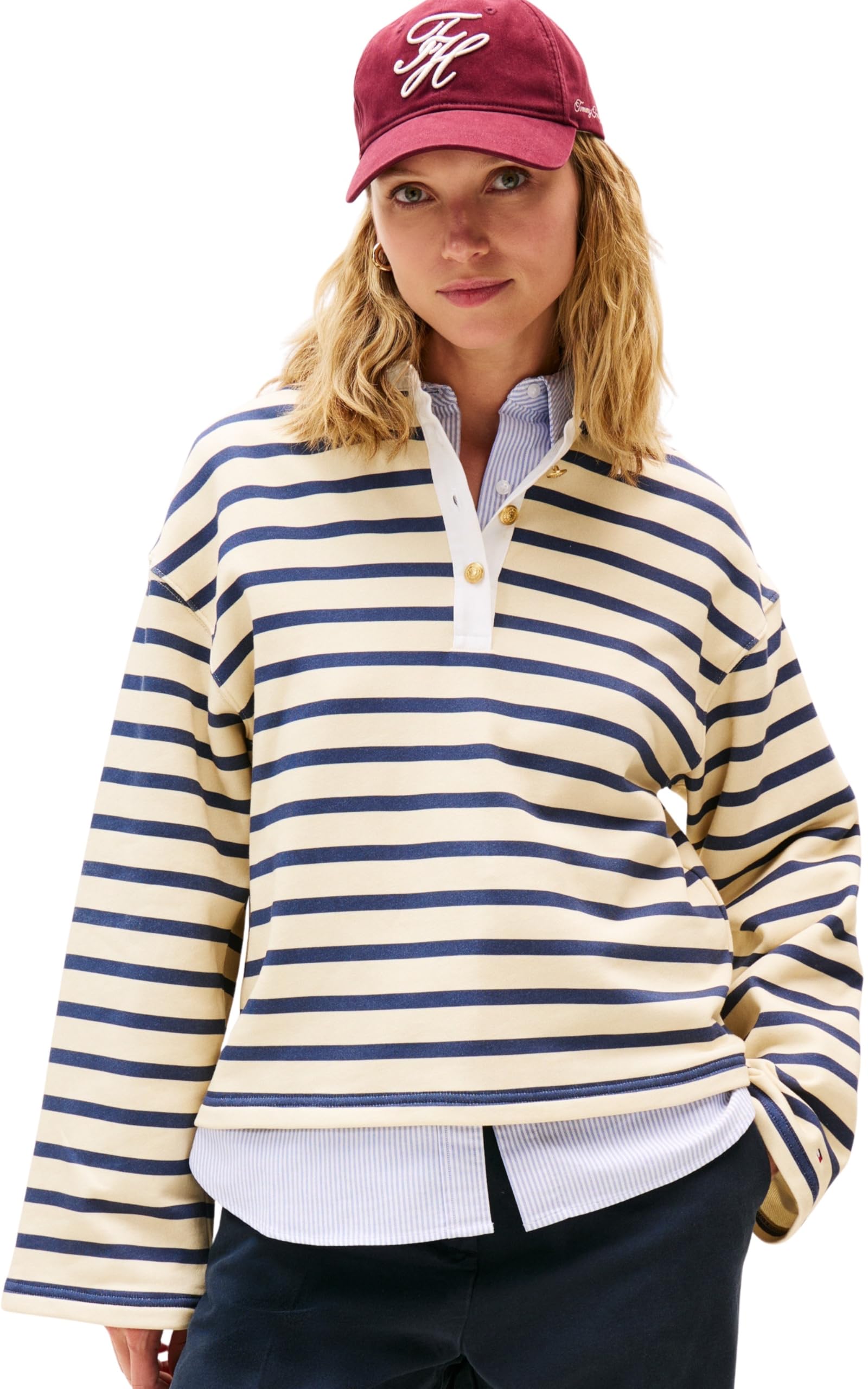 Tommy Hilfiger Damen Sweatshirt Gold Button Rugby Terry mit Spitzkragen