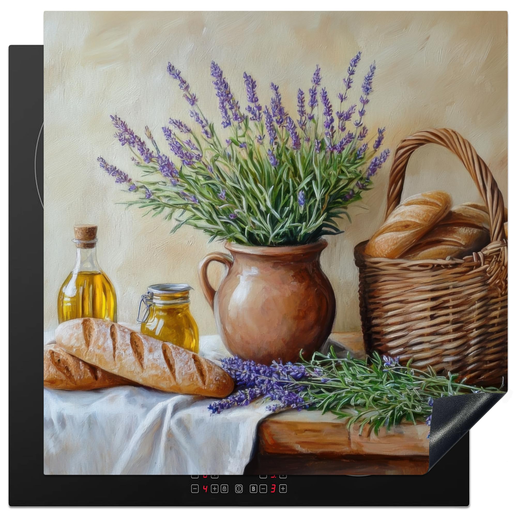 KitchenYeah© Induction Hob Protector Mat 30.7"x30.7" / 78x78 cm Stove Cap Top Cover Kitchen Cooker Covers for Electric Hobs Vinyl Lavender - Bread - Still Life