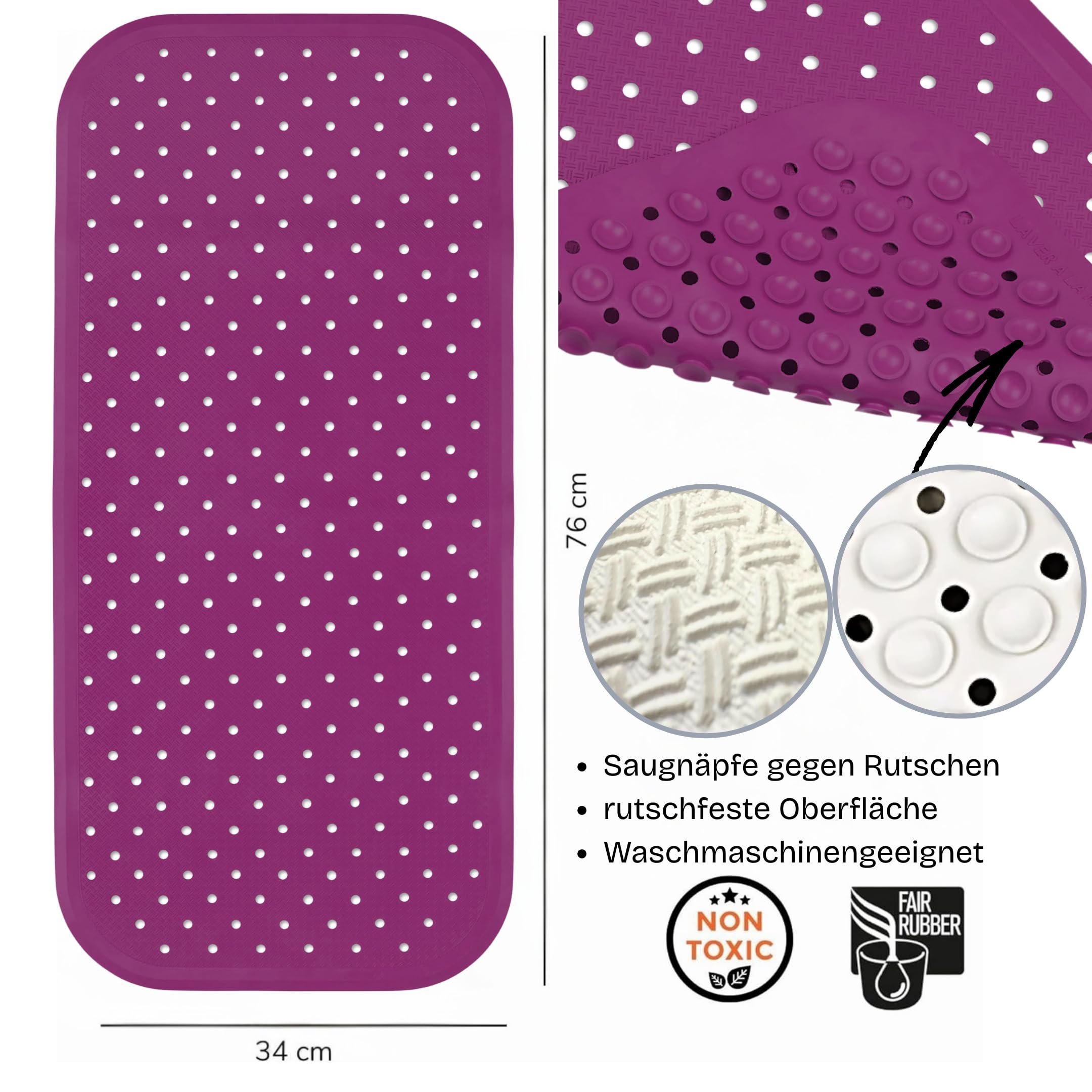 Tapis de baignoire antidérapant sans plastique FSC - Sans plastique - 100 % BPA + PVC - Violet - 76 x 34 cm 585900