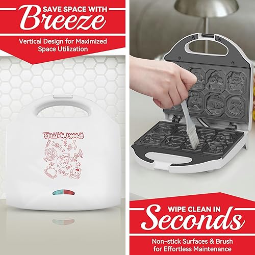 Miniatura 6 de Mini waflera espeluznante para niños, mini máquina para hacer panqueques, plancha eléctrica para gofres pequeña, 8 divertidos personajes, regalo