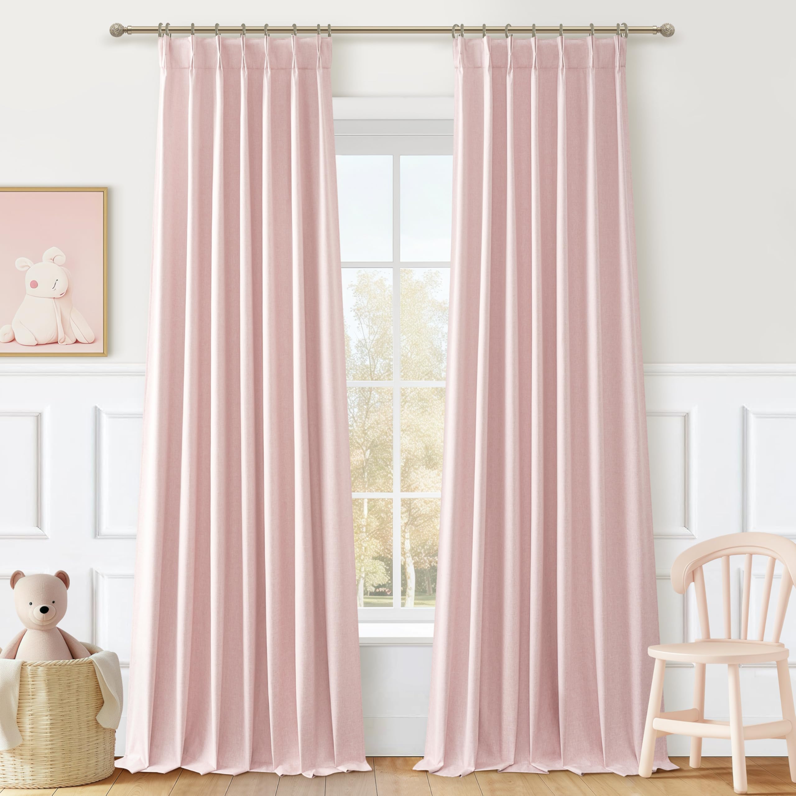 Pink Blackout Thick Linen Drapes 108 Inches Long 2 Panels Set for Bedroom, Extra Long Pinch Pleated Floor to Ceiling Boho Curtains Room Darkening Privacy Ceiling Track Burg for 108 Inch Large Windows — image 1