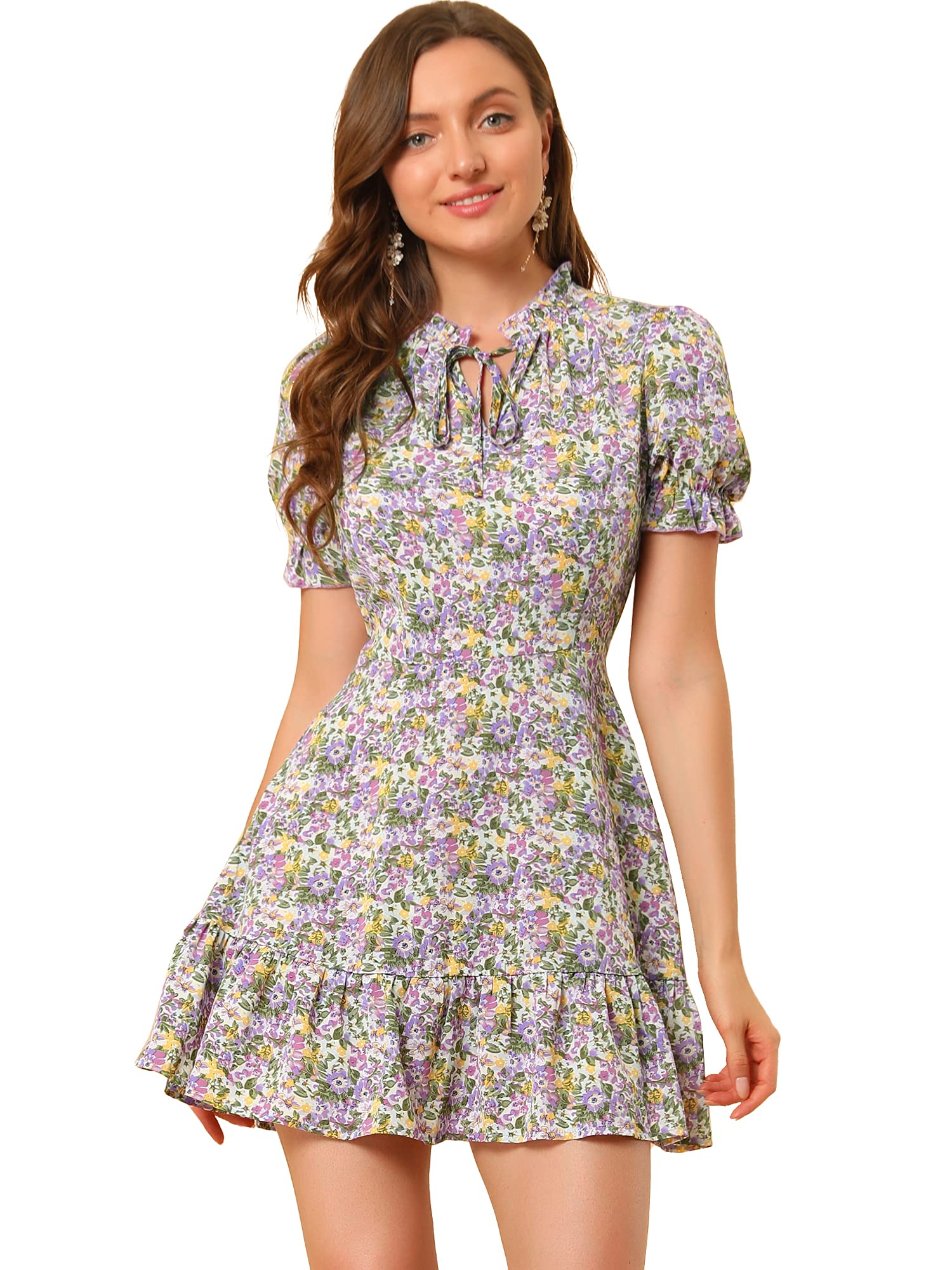 Allegra K Womens Floral Chiffon Dress 2026 Summer Casual Tie Neck Puff Short Sleeve Tiered Ruffle Smock Mini Dresses