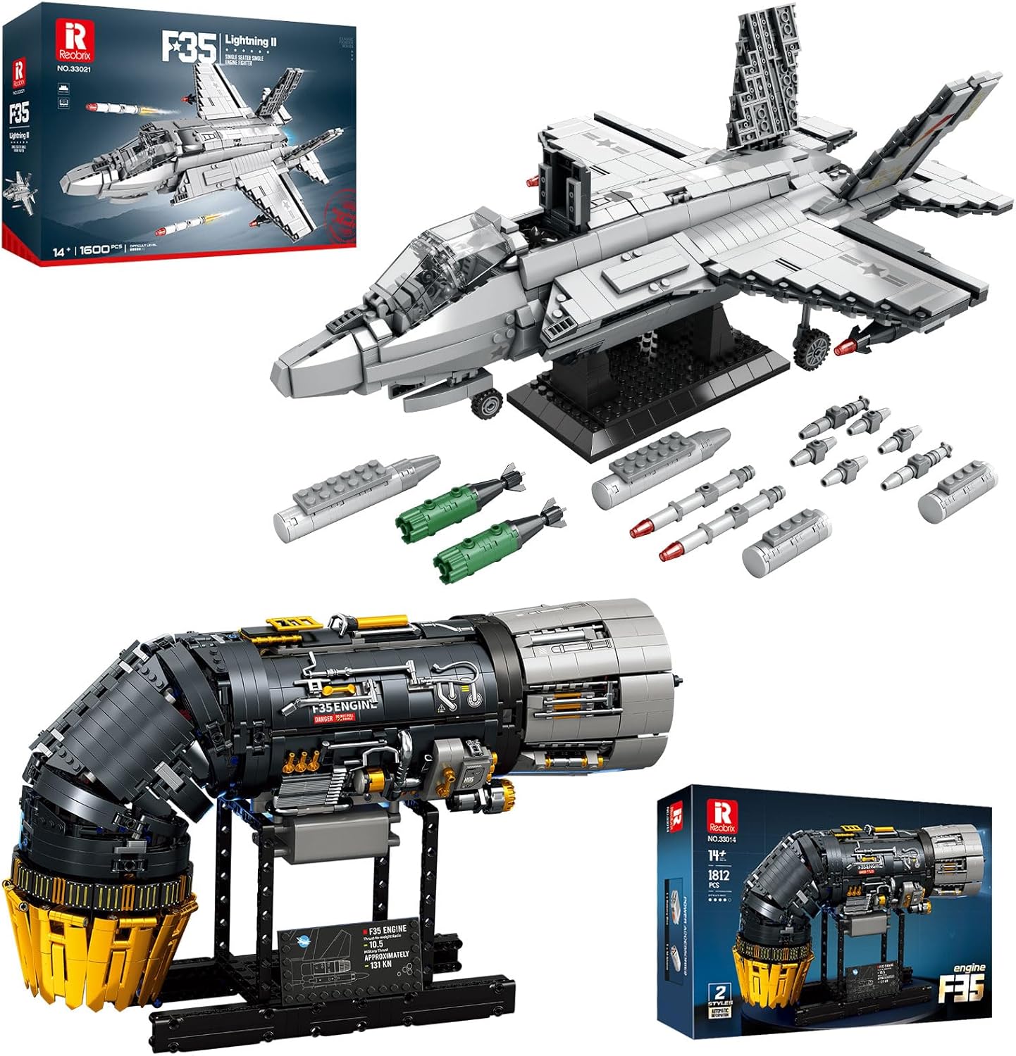 Reobrix Military F35 Fighter Jet Building Set 33021 and F35 Engine Building Sets 33014