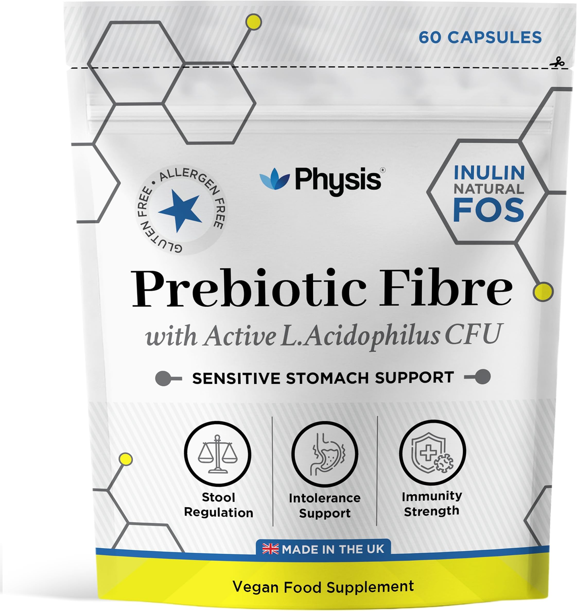 Prebiotics with Probiotics | FOS Fibre Supplement | Gut Health Fiber & Digestion | Diarrhoea & Constipation Relief | 60 Vegan Capsules | 2 Month Supply | Lactobacillus Acidophilus