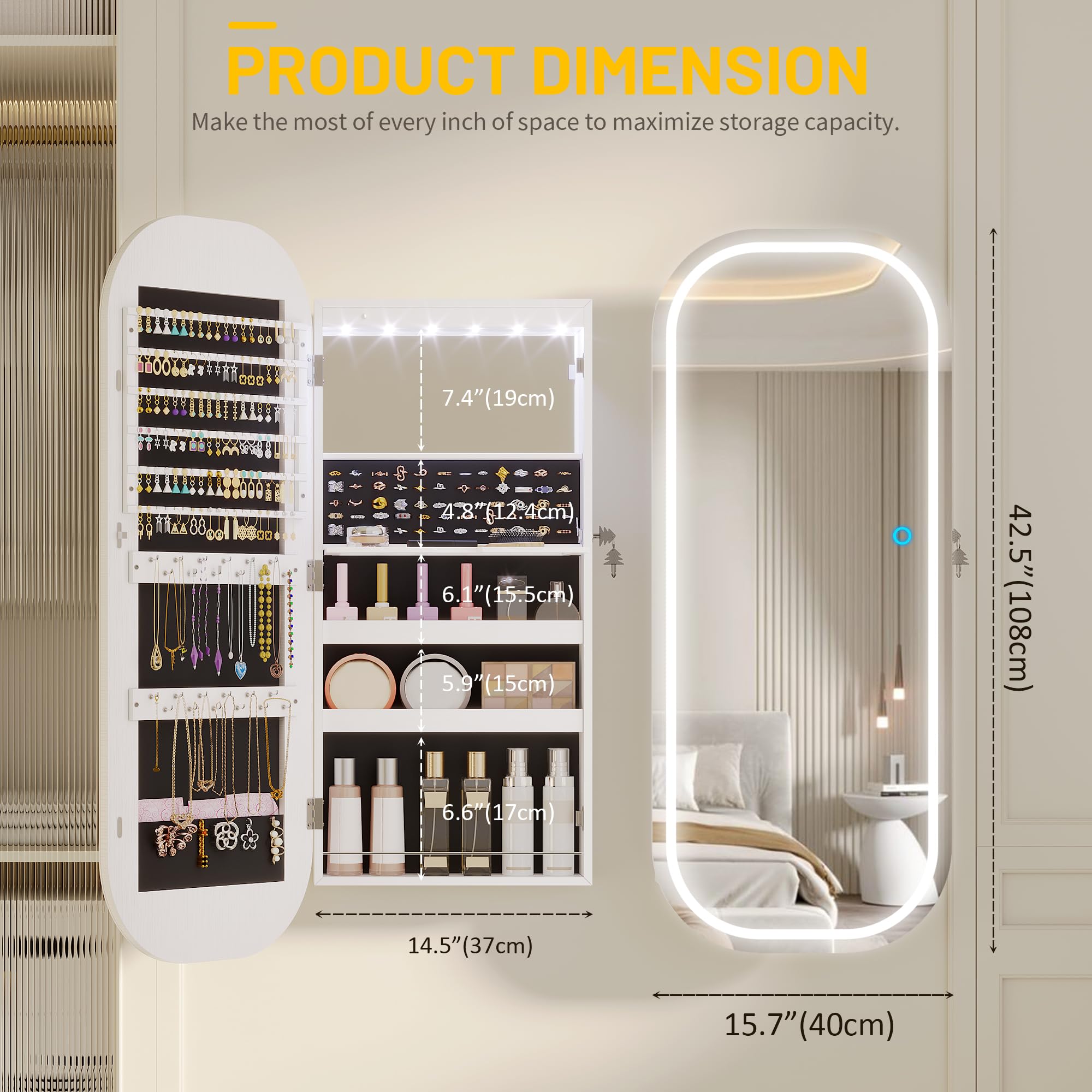 LVSOMT Espejo joyero de pared con Luz LED, Armario con Espejo Oval, Montado en puerta/pared, Espejos cuerpo entero, Blanco