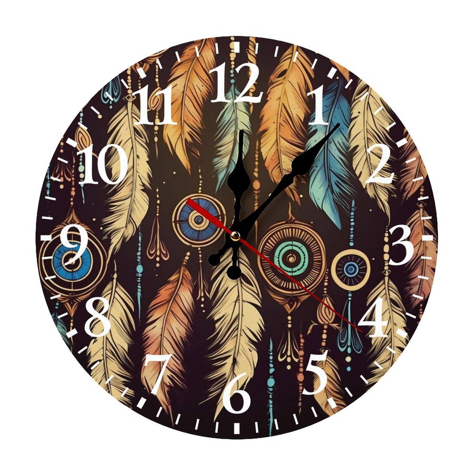 NTVOWPZO 10 Inch Wall Clock Vintage Ethnic Tribal Feather Battery Operated Wall Clocks Silent Non-Ticking Round Wall Clock for Living Room Kitchen Home Office Wall Decorative Clock