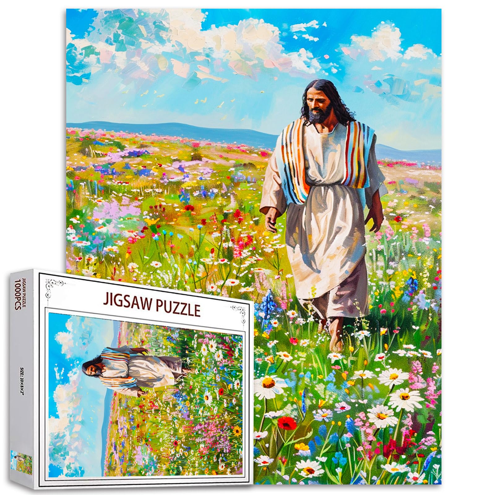 Jesus 1000 Piece Jigsaw Puzzles for Adults: Christ Walking Among Flowers, Religious, Challenging Family Activity Games, Colorful DIY Craft for Home Decor & Gifts