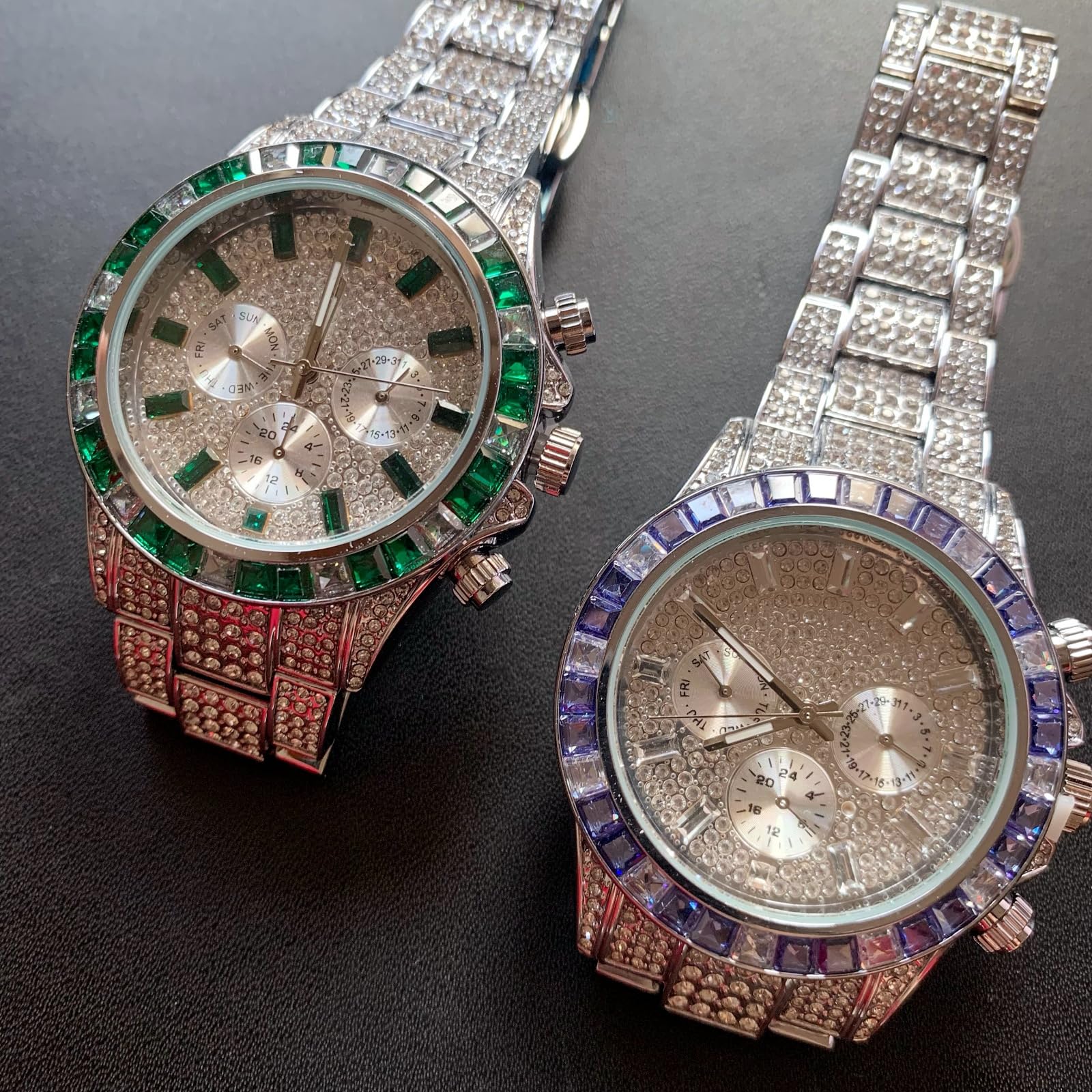 ICEDIAMOND Reloj de Pulsera de Cuarzo con Diamante de Laboratorio cúbico de 3 Ojos con Calendario mensual semanal y visualización de Zona horaria