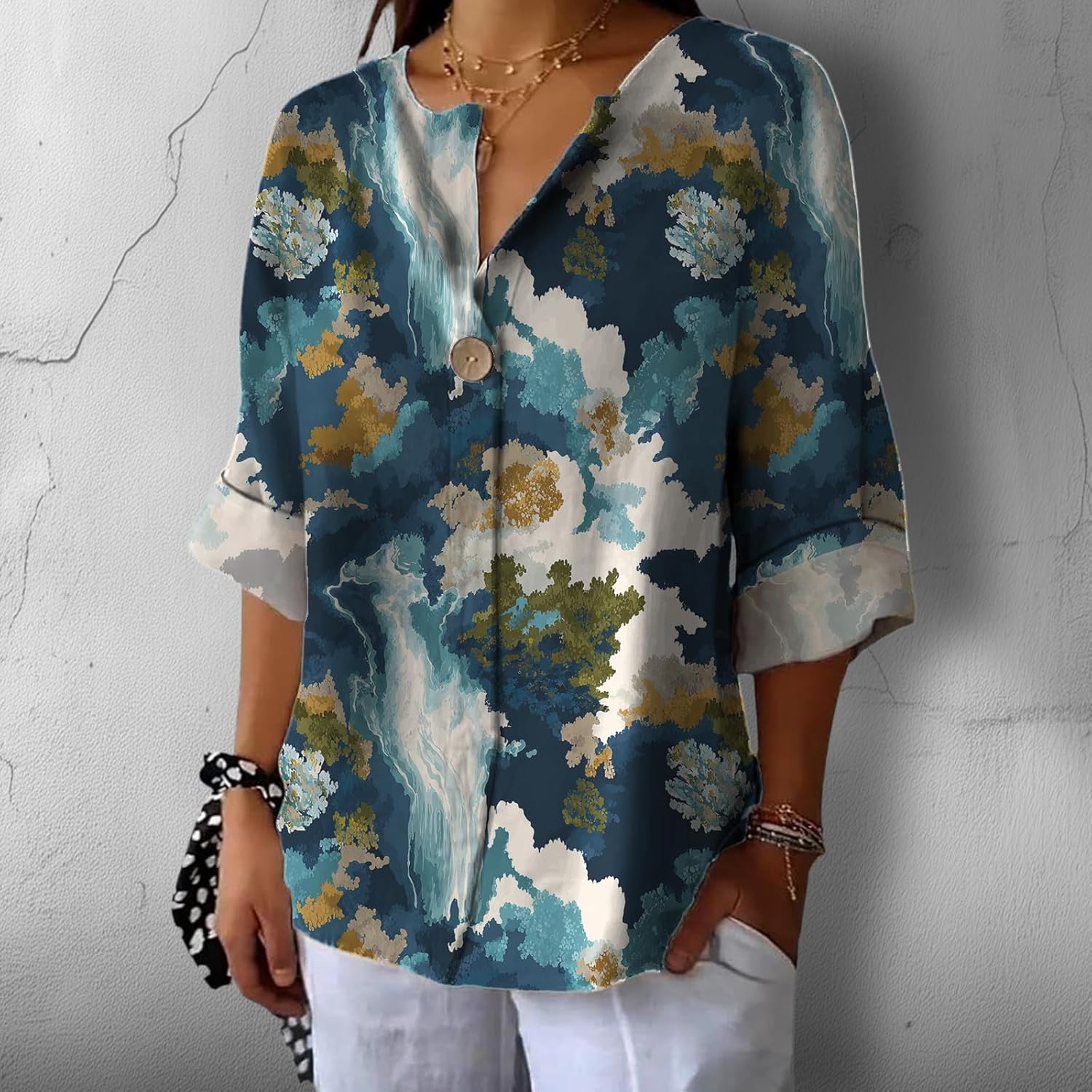 Summer T Shirts for Women Floral Graphic Workout Basic Tops Midweight Shacket V Neck Three-Quarter Sleeve Blouses - Image 2