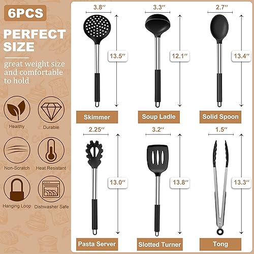Miniatura 2 de LIANYU Juego de 6 utensilios de cocina de silicona, antiadherentes, resistentes al calor, mango de acero inoxidable, color negro