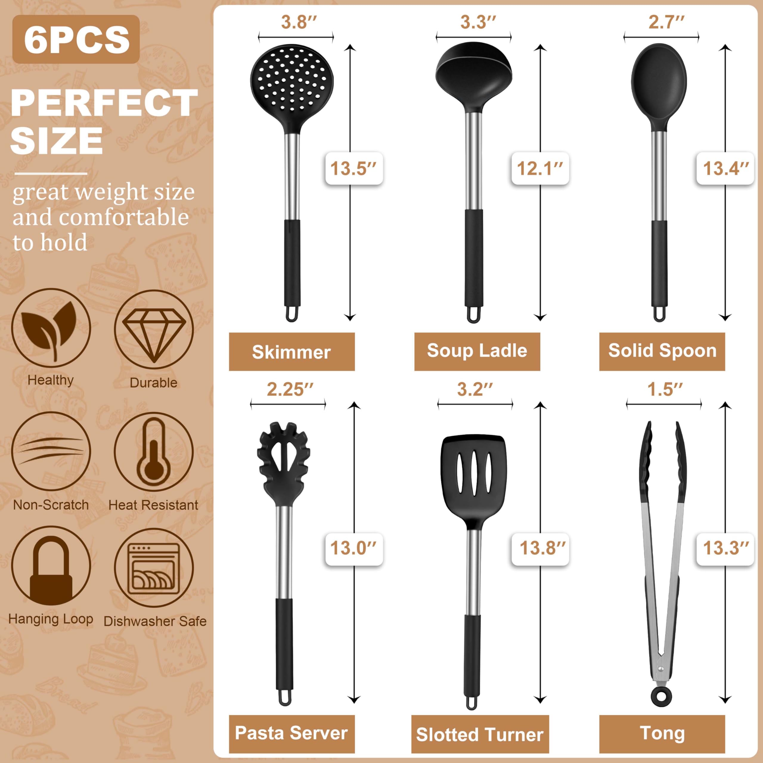 LIANYU Kitchen Utensils Set of 6, Silicone Cooking Utensils Set for Nonstick Cookware, Heat Resistant Kitchen Spatula Gadgets Tools, Stainless Steel Handle, Black