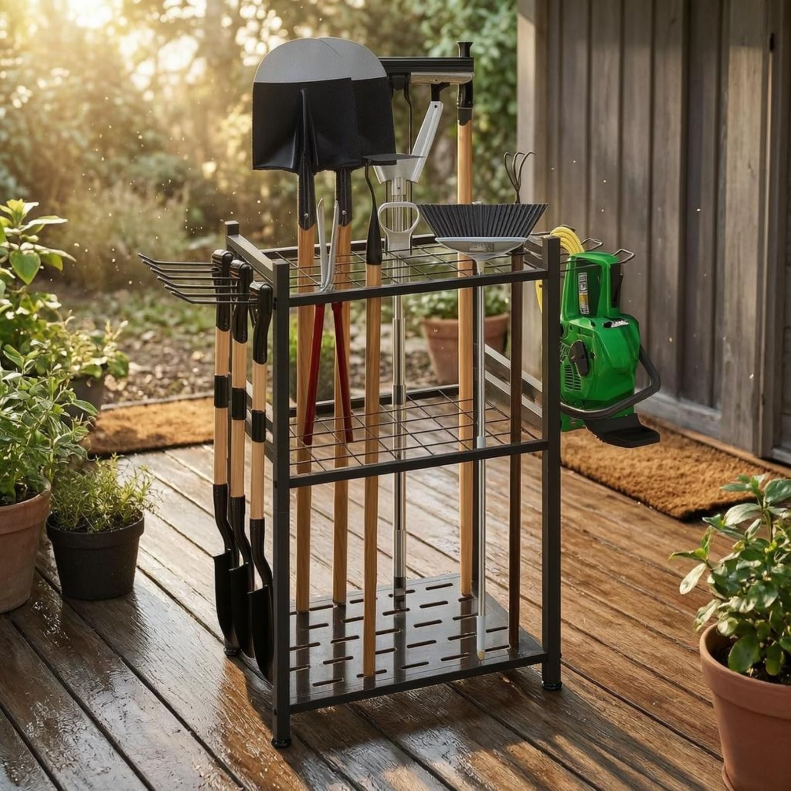 Colcolo Organizzatore Esterno Portattrezzi da Giardino Scaffale Ripiano Portaoggetti con Supporti Laterali in Acciaio al Carbonio Alloggiamenti Salvaspazio