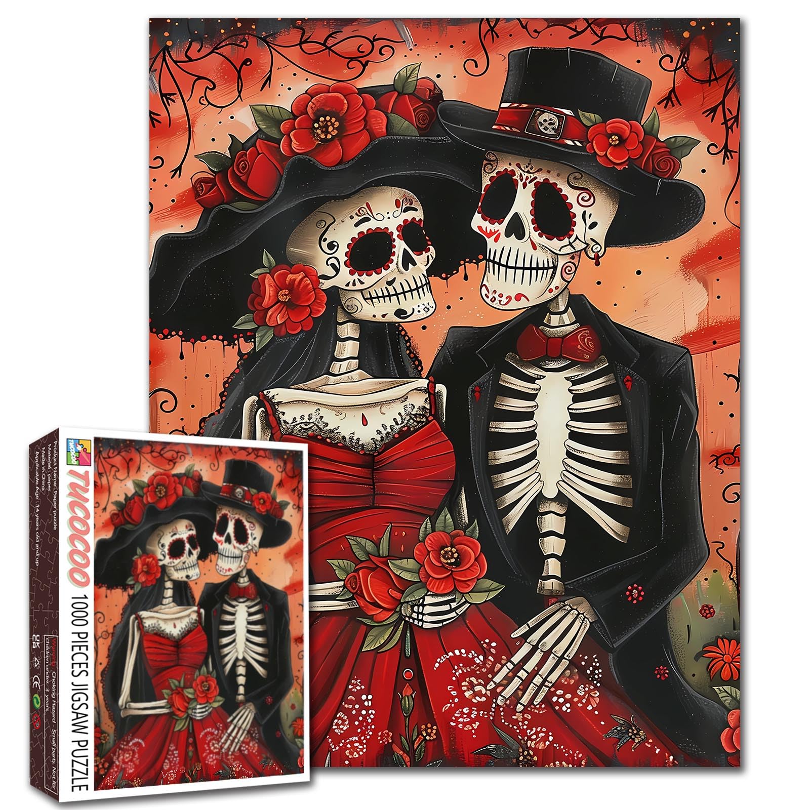 Tucocoo Skeleton Couple Jigsaw Puzzle 1000 Pieces Puzzles for Adults, Day of The Dead Style Flowers Art Puzzles for Challenging Family Activity Games Colorful DIY Craft Puzzle for Home Decor Gifts โ image 1