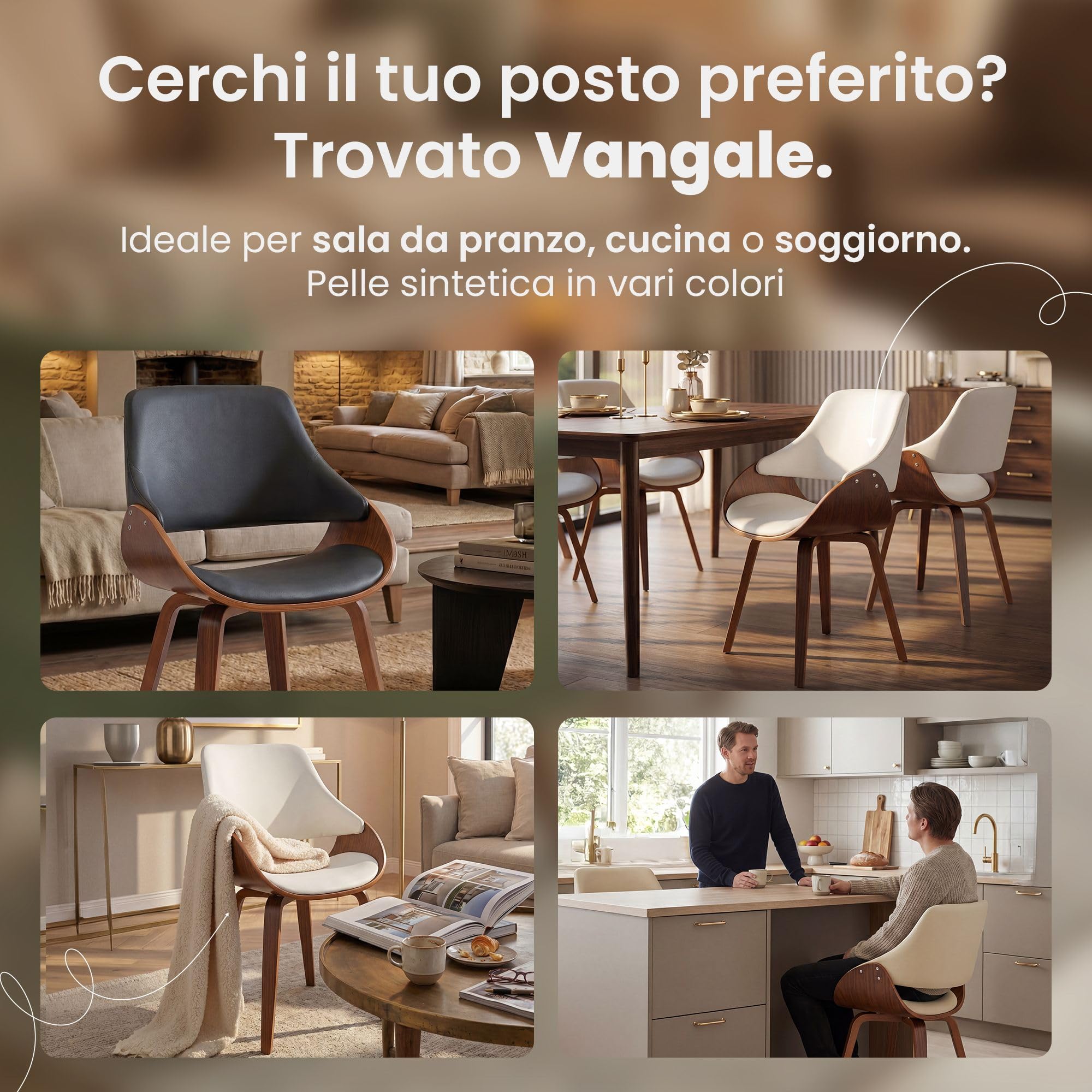 CLP Sedia da Pranzo Imbottita Vangale con Schienale, Sedia di Design Moderna in Legno Curvato per Soggiorno, Colore:noce/crema, Materiale:Ecopelle
