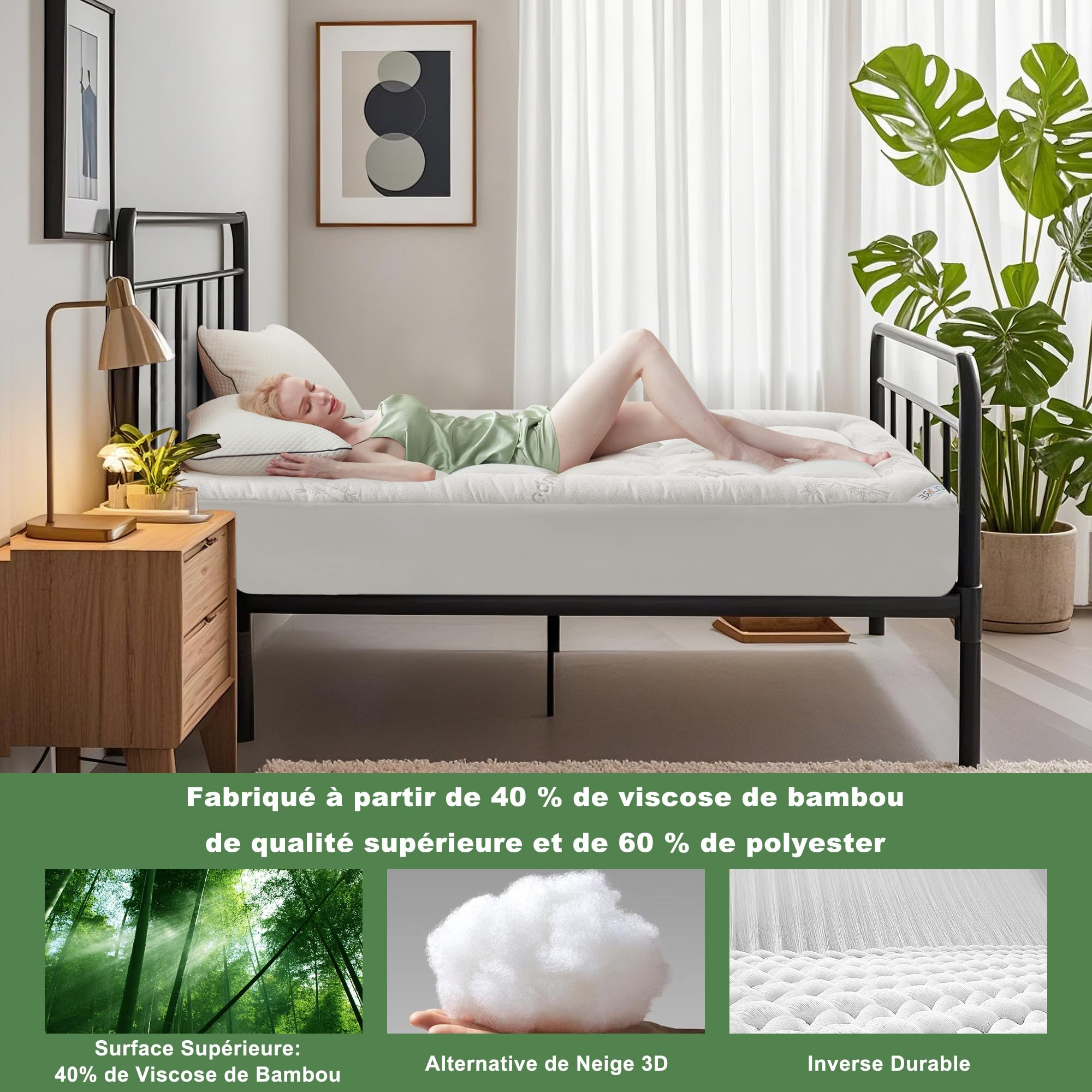 BEDLORE Surmatelas 160x200 cm Matelassé, sur Matelas 2 Personnes Rafraichissant en Viscose de Bambou Respirant, Grand Bonnet Extensible Jusqu’à 40 cm, Certifié Oeko-Tex, Blanc