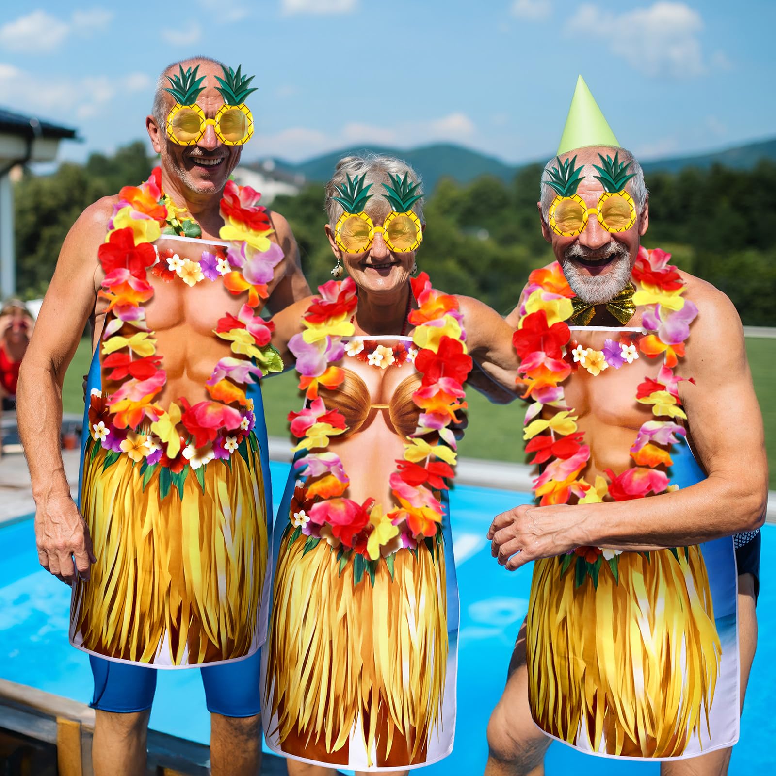 4 delantales hawaianos divertidos para bikini, bandana, diadema, gafas de sol, delantales para parejas, para fiestas de verano, hombres y mujeres