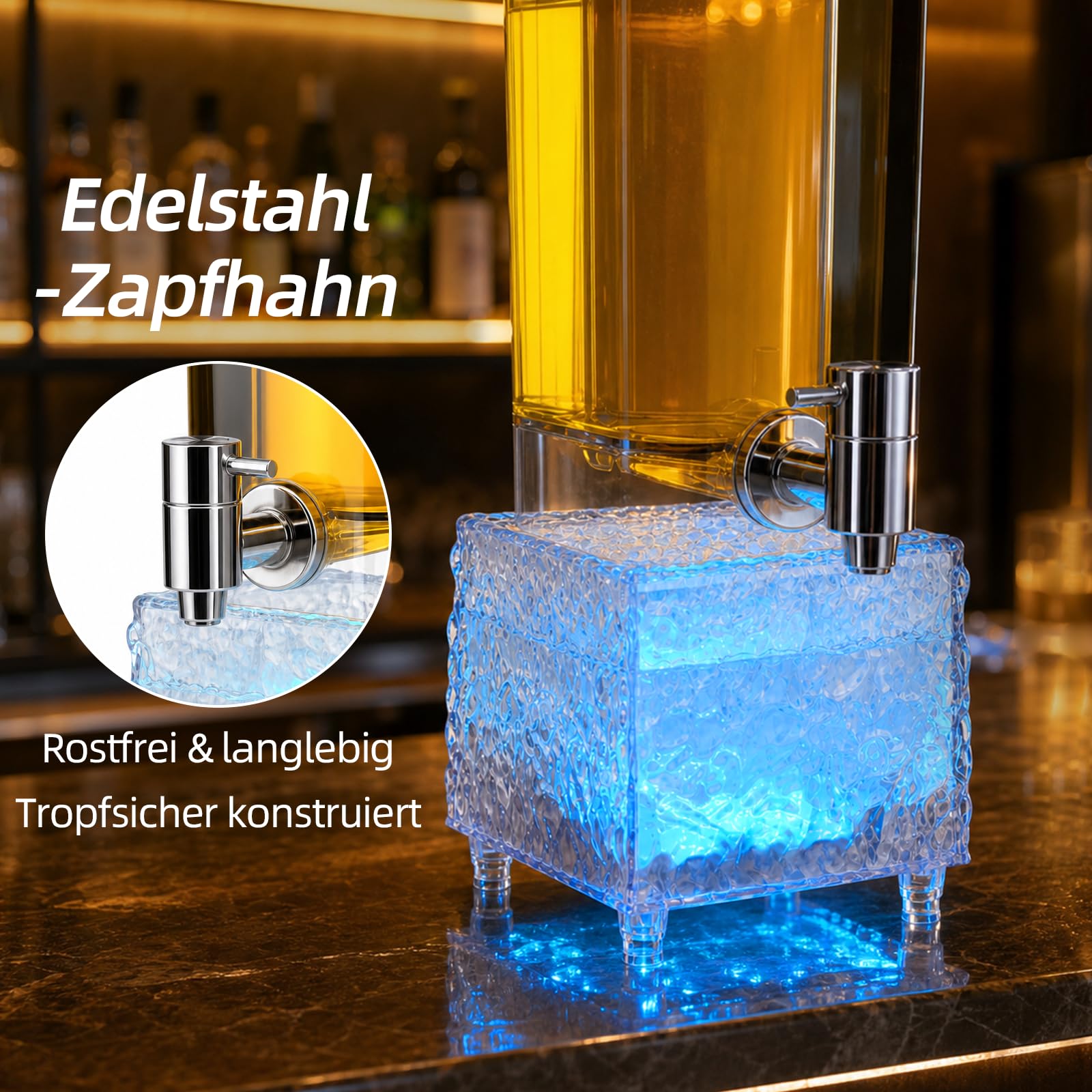 3L Biersäule mit LED-Leuchtsockel, Getränkespender mit Zapfhahn, USB-aufladbarer Getränketower mit Edelstahl-Zapfhahn für Bier, Cocktails, Fruchtgetränke, Partys & Gastronomie