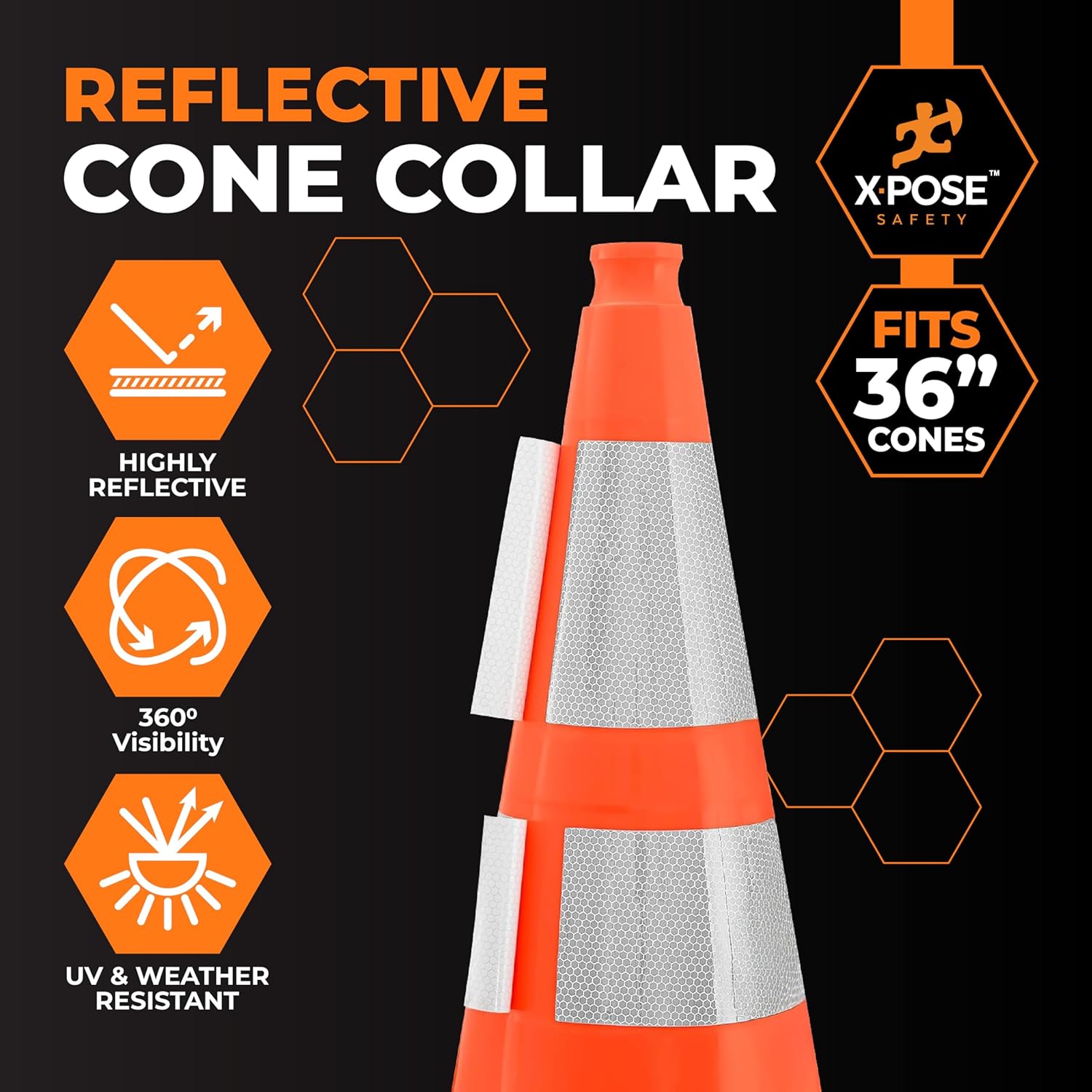White+Hip Reflector Tape Cone Collar Set – 5 Pack, 4" & 6" Collars for 36" Wide Body Traffic Cones, High Visibility Reflective Stickers