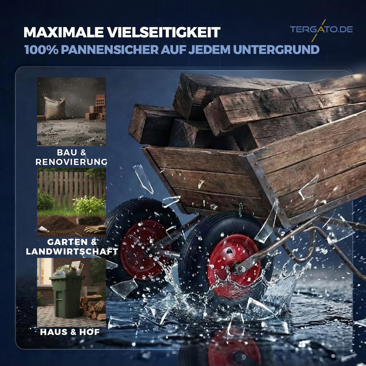 Lot de 2 roues de brouette anti-crevaison avec 2 essieux (130 mm) de la marque Tergato - Charge totale : 300 kg - Pneus en caoutchouc PU de 400 mm non crevables - Jante en acier rouge