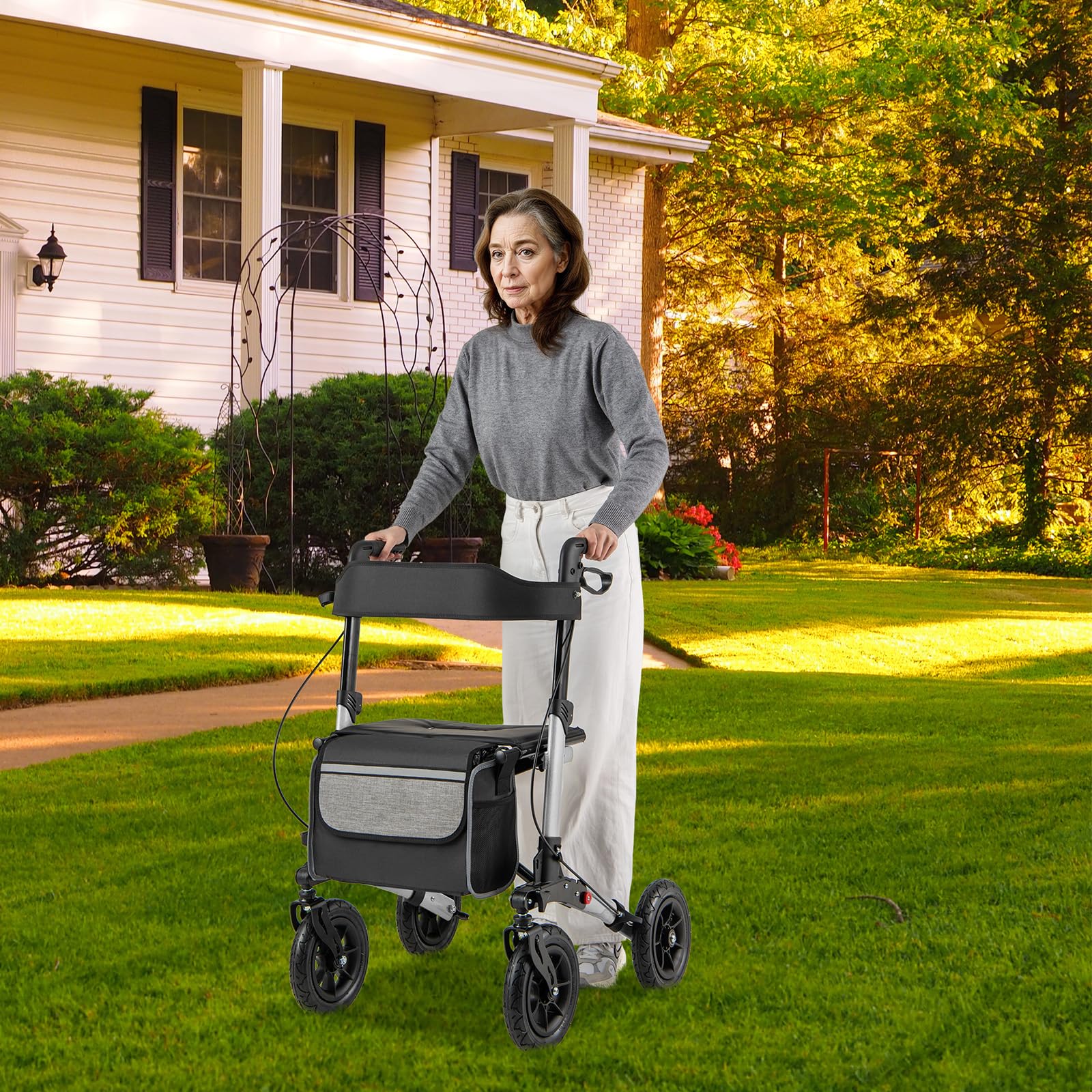 HOMASIS Andador plegable y ligero 2 en 1 para silla de ruedas, con asiento, 7 alturas ajustables, carrito de aluminio para personas mayores, andador de viaje con soporte para bastones, bolsa, hasta