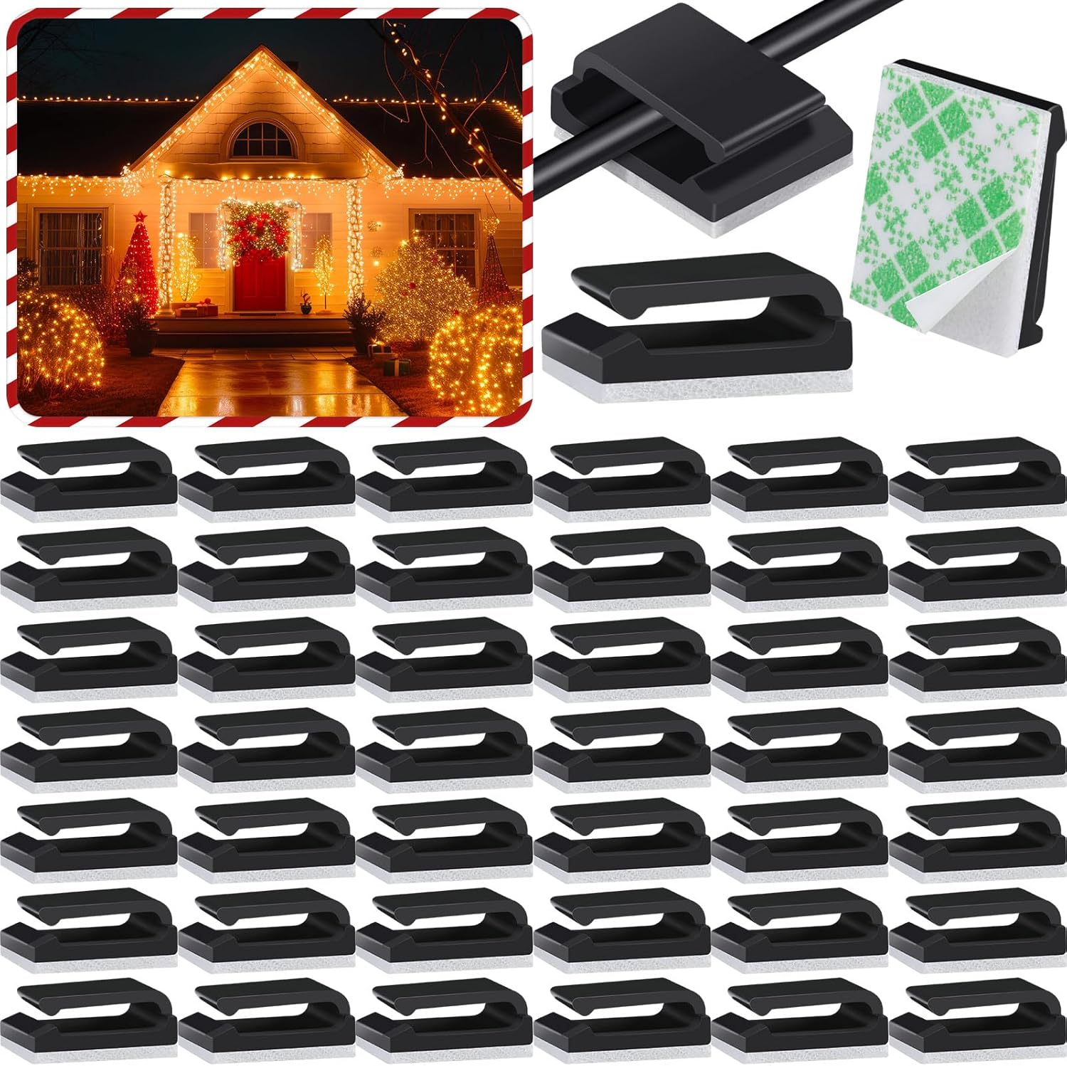 Hicarer 100 ganchos adhesivos para cables para exteriores, clips de cadena de luces, clips de cables, organizador de cables, soporte para cables