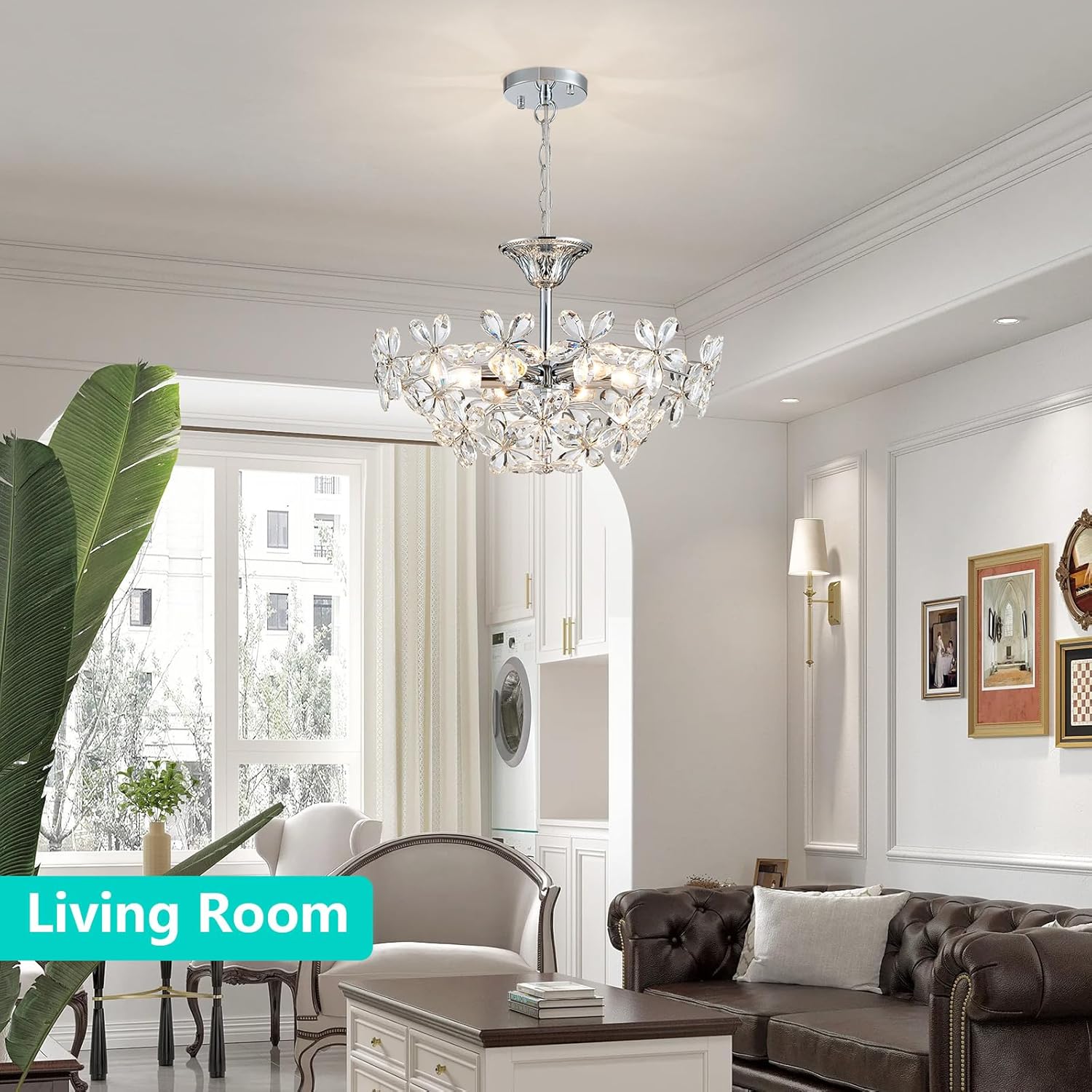 Flower K9 Crystal Chandelier for Dining Room, Living Room, Bedroom, Hallway, Kidsroom, Foyer, Chrome 6-Light Modern Pendant Chandelier, E12 Socket, D18.3inch * H16~41inch (Adjustable)
