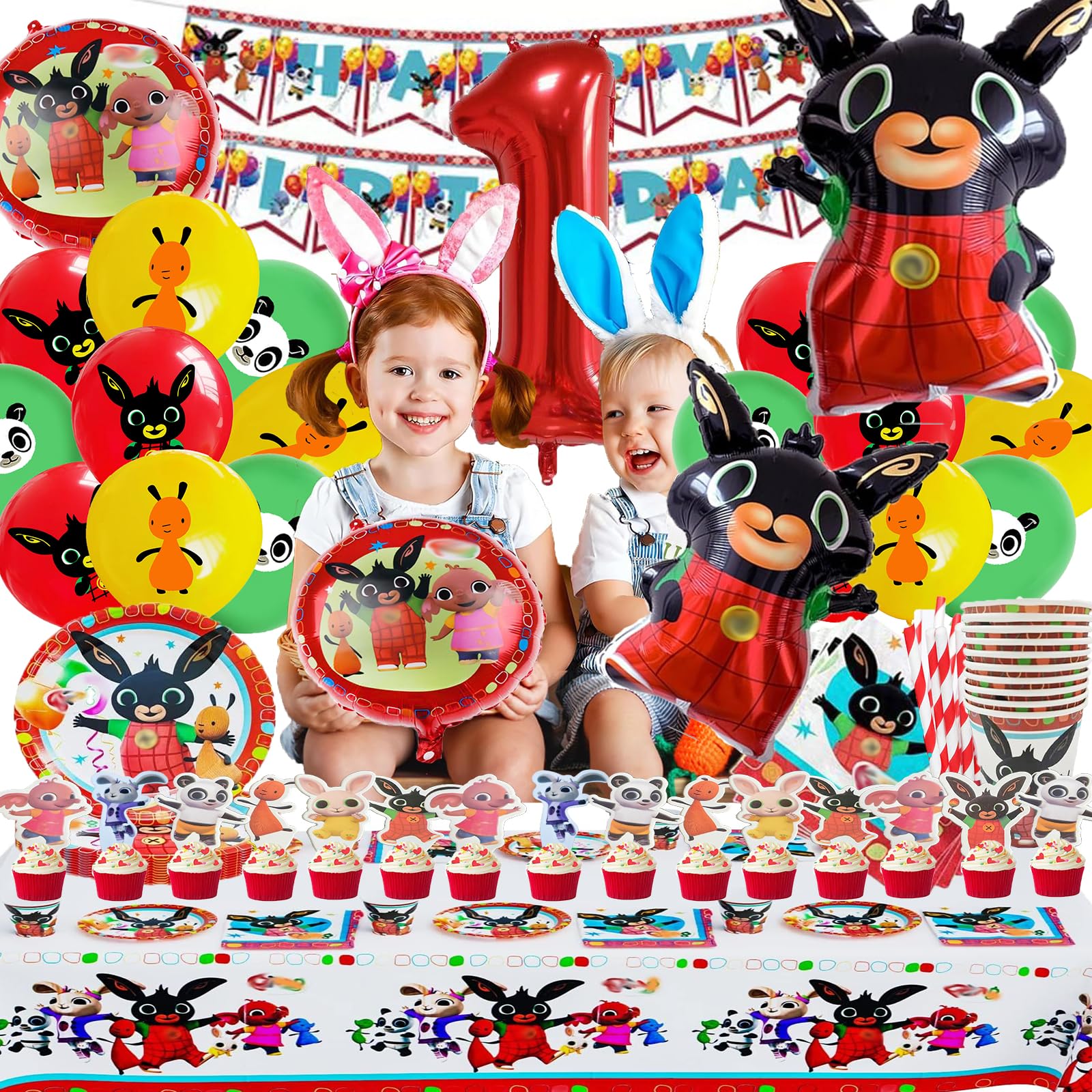 Bing Compleanno 1, 101 Pcs Stoviglie esta C-ompleanno, Bing Decorazioni per la tavola del C-ompleanno del Coniglietto, Piatto Bandiera Tovagliolo Tazza Tovaglia per Feste