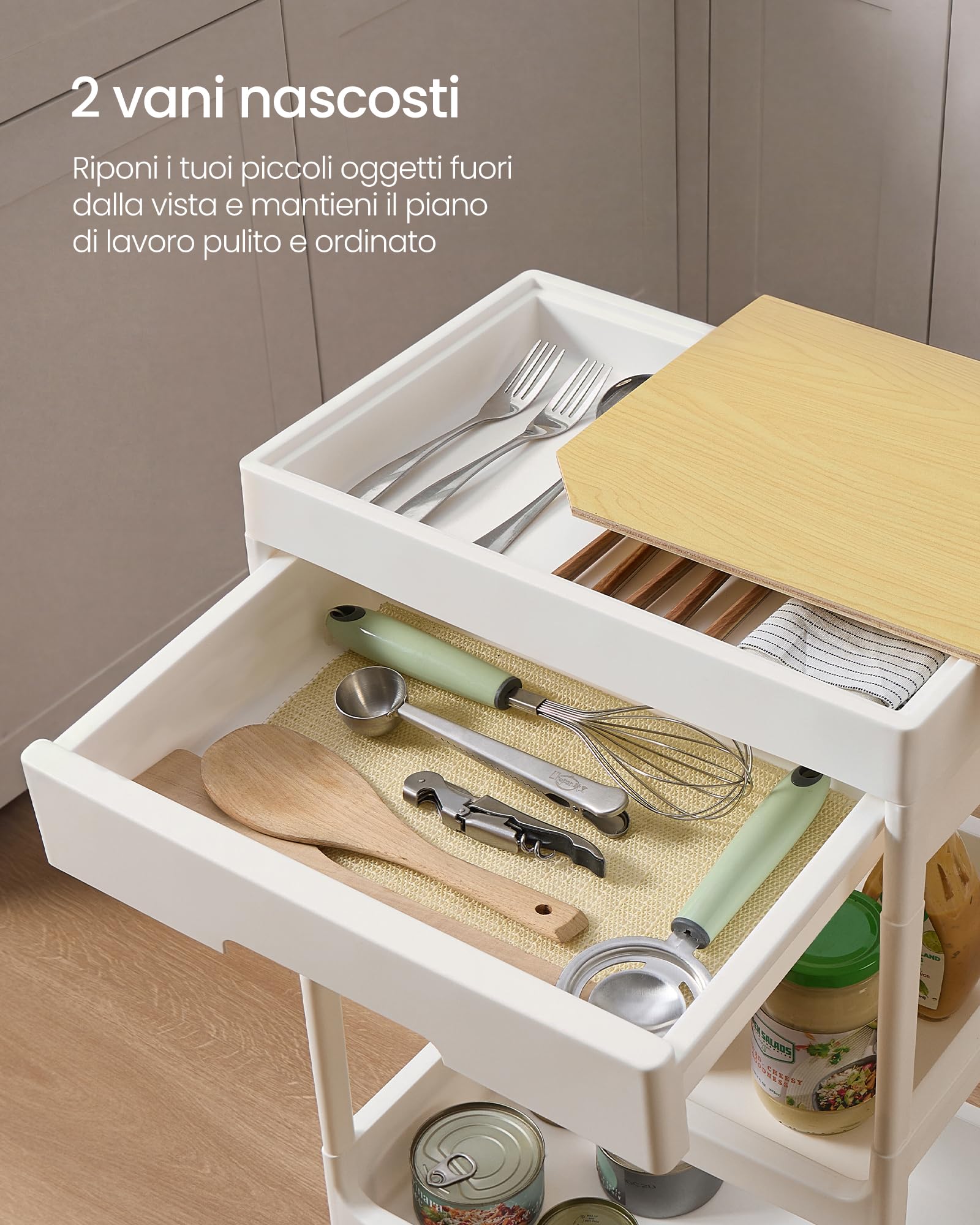 SONGMICS Carrello a 4 Ripiani, Carrello Scaffale da Cucina con Ruote, con Ripiano Rimovibile e Cassetto, in Plastica, Facile da Montare, Bianco e Rovere Dorato BSC070W101