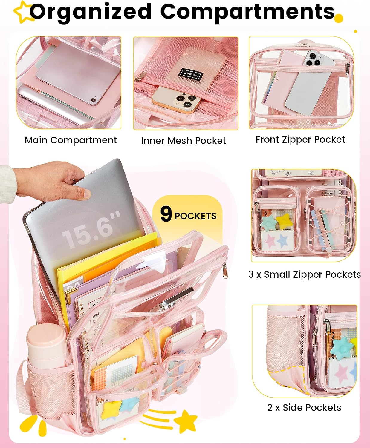 Vorspack Clear Backpack for School - Heavy Duty Clear Bookbag for Girls Boys Large Multi-Pocket See Through Backpacks for Teens, Travel, Work, Festival - Light Pink