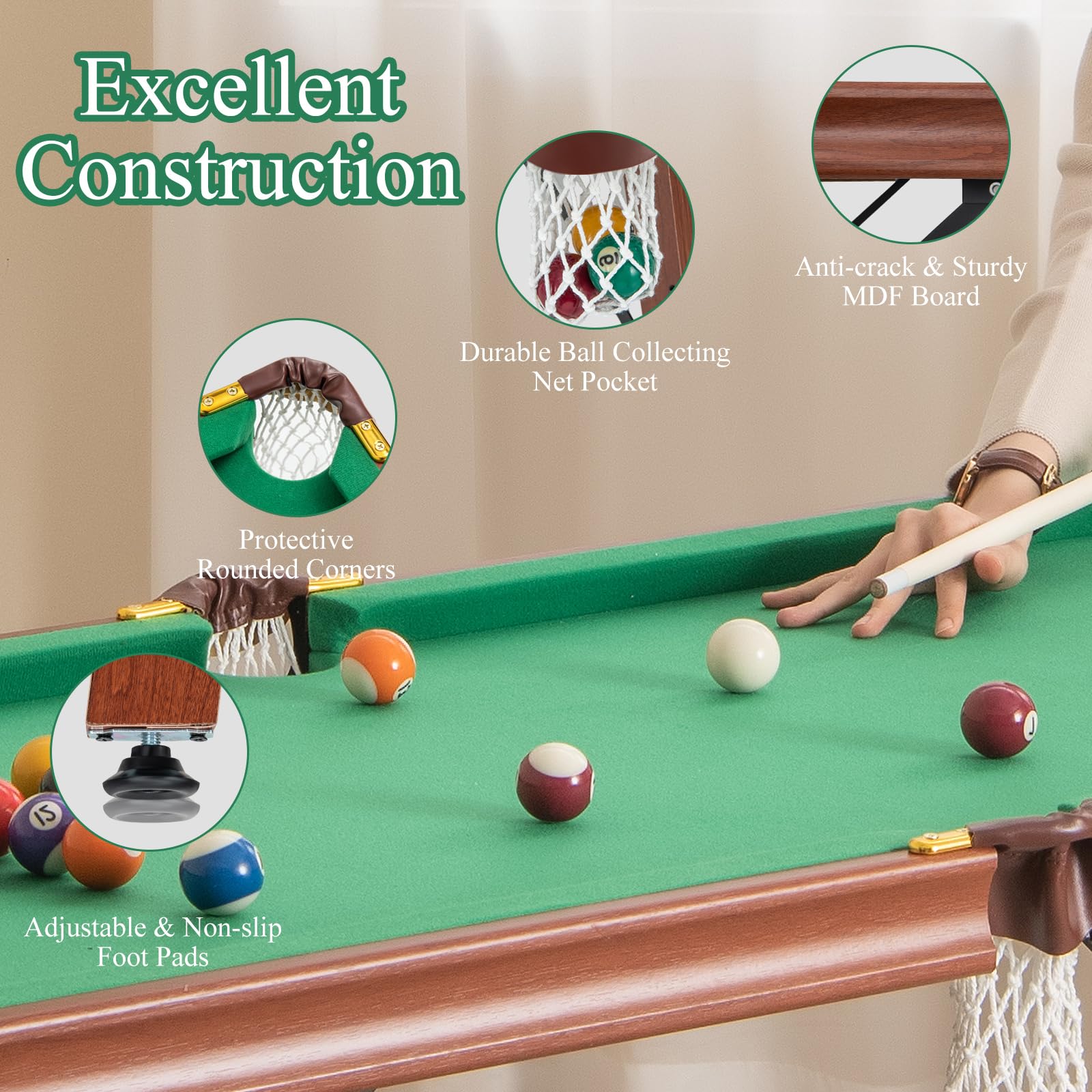 HOMASIS Mini Billardtisch Klappbar, Billiard Tisch mit 2 Queues, 2 Kreiden, 16 Bällen, Dreieck & Bürste, Tischbillard tragbar für Bar & Party, Pool-Billardtische für Kinder & Erwachsene, 138x67x79,5cm
