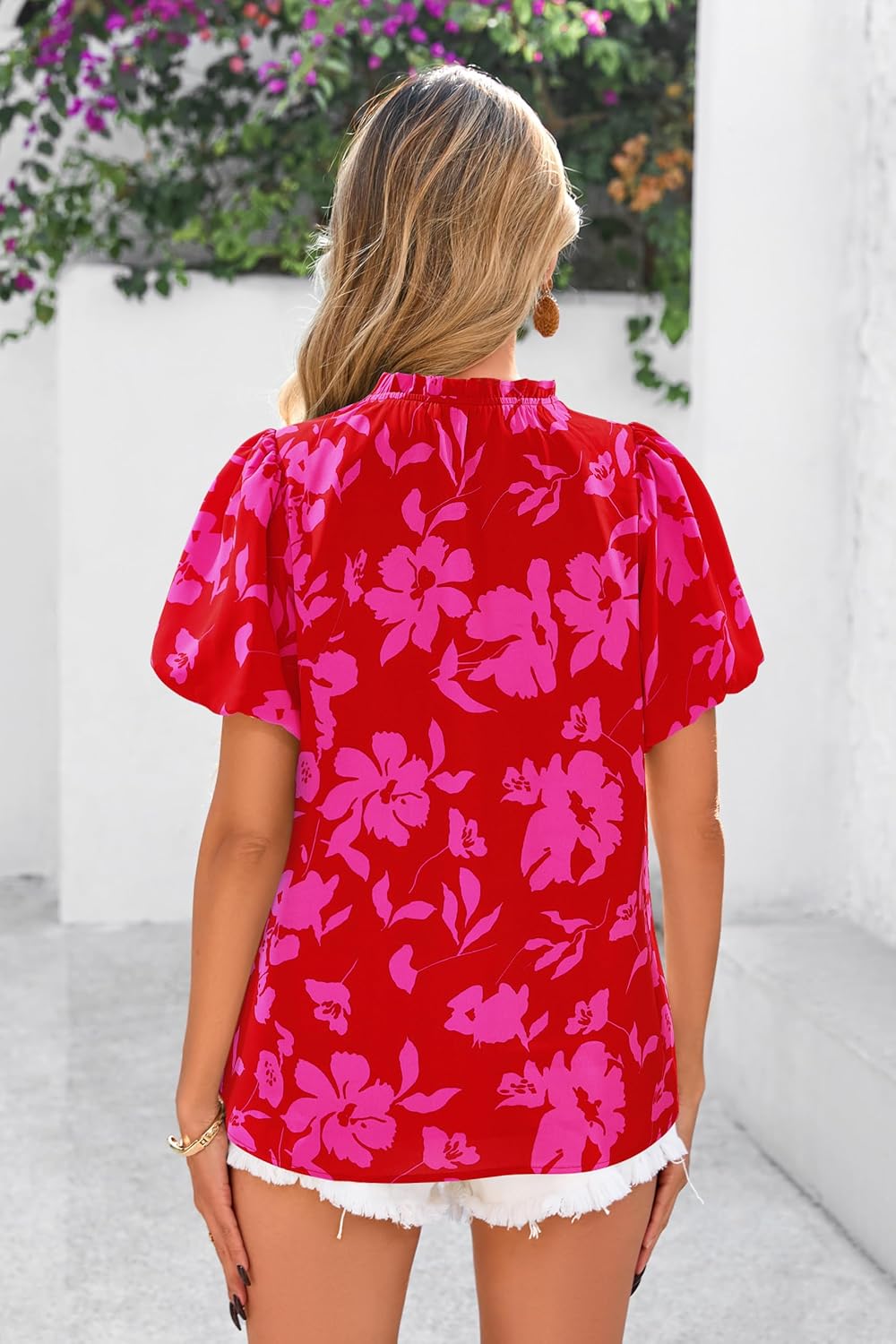 MASCOMODA Boho Short Sleeve Floral Work Blouses for Women Dressy Casual V Neck Puff Sleeve Loose Chiffon Flowy Tops Shirts - Image 4