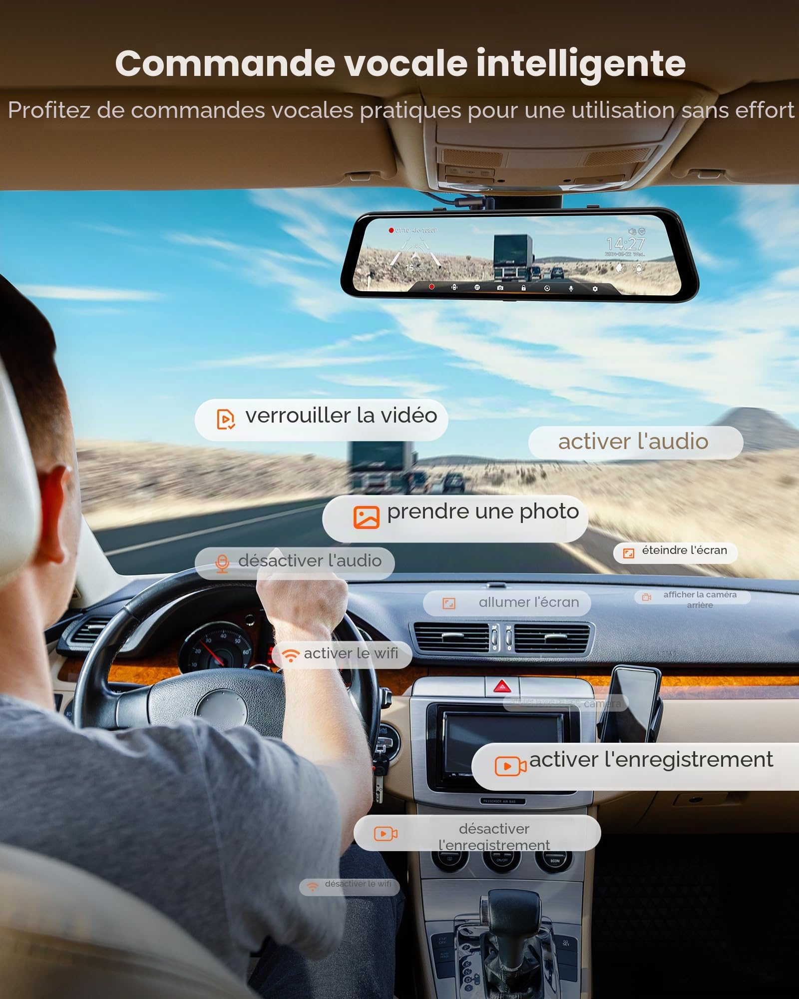 WOLFBOX G850 Pro Caméra 4K ADAS BSD, rétroviseur intelligent WiFi 5,8 GHz, commande vocale, caméra de recul 12 pouces, carte 64 Go, GPS, capteur G
