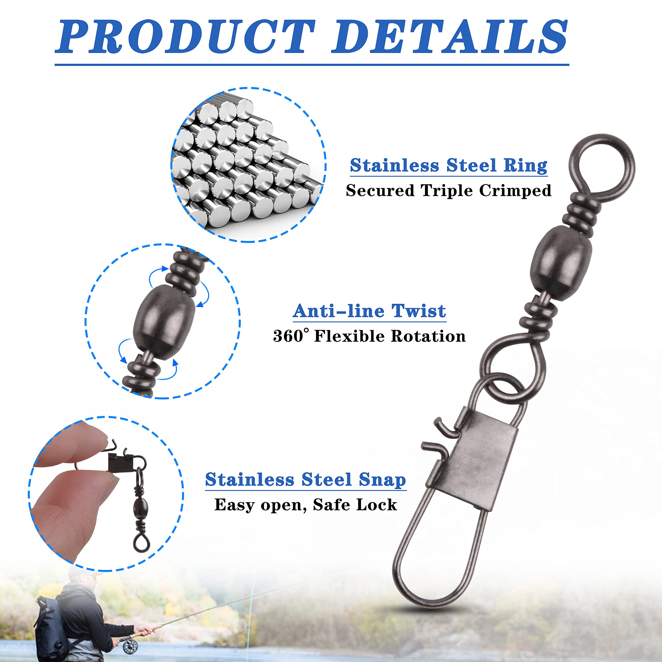 JOGFFDE Fishing Barrel Swivel Snap Kit, 100pcs Barrel Swivel with Safety Snaps High Strength Interlock Snap Swivels Lure Hooks Connector Saltwater Fishing Tackle