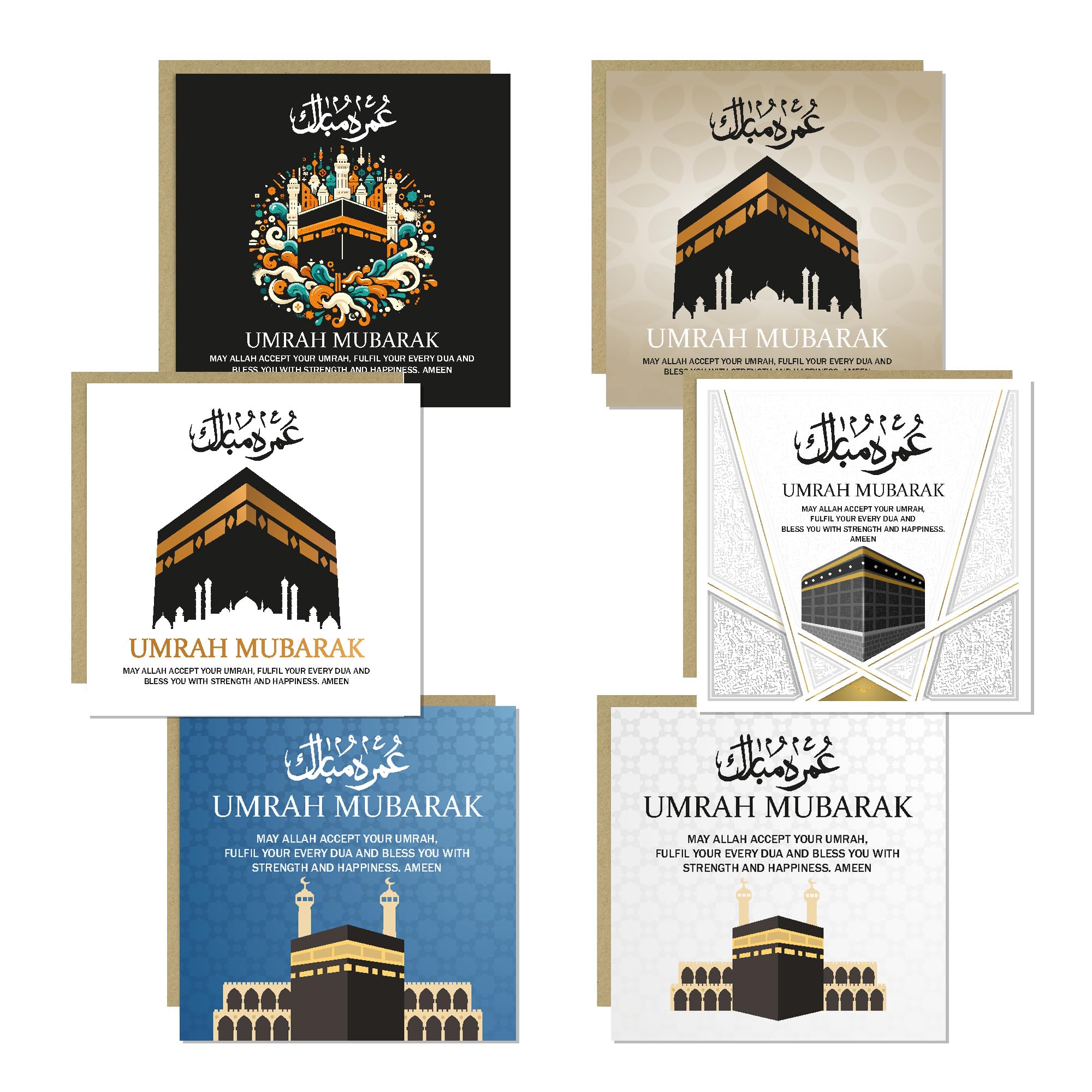 RED OCEAN Umrah Mubarak Pack of 12 Cards For Family and Friends, Islamic Muslim Cards, Hajj Mubarak, Ramadan, Eid, 145x145mm With 12 Craft Envelopes