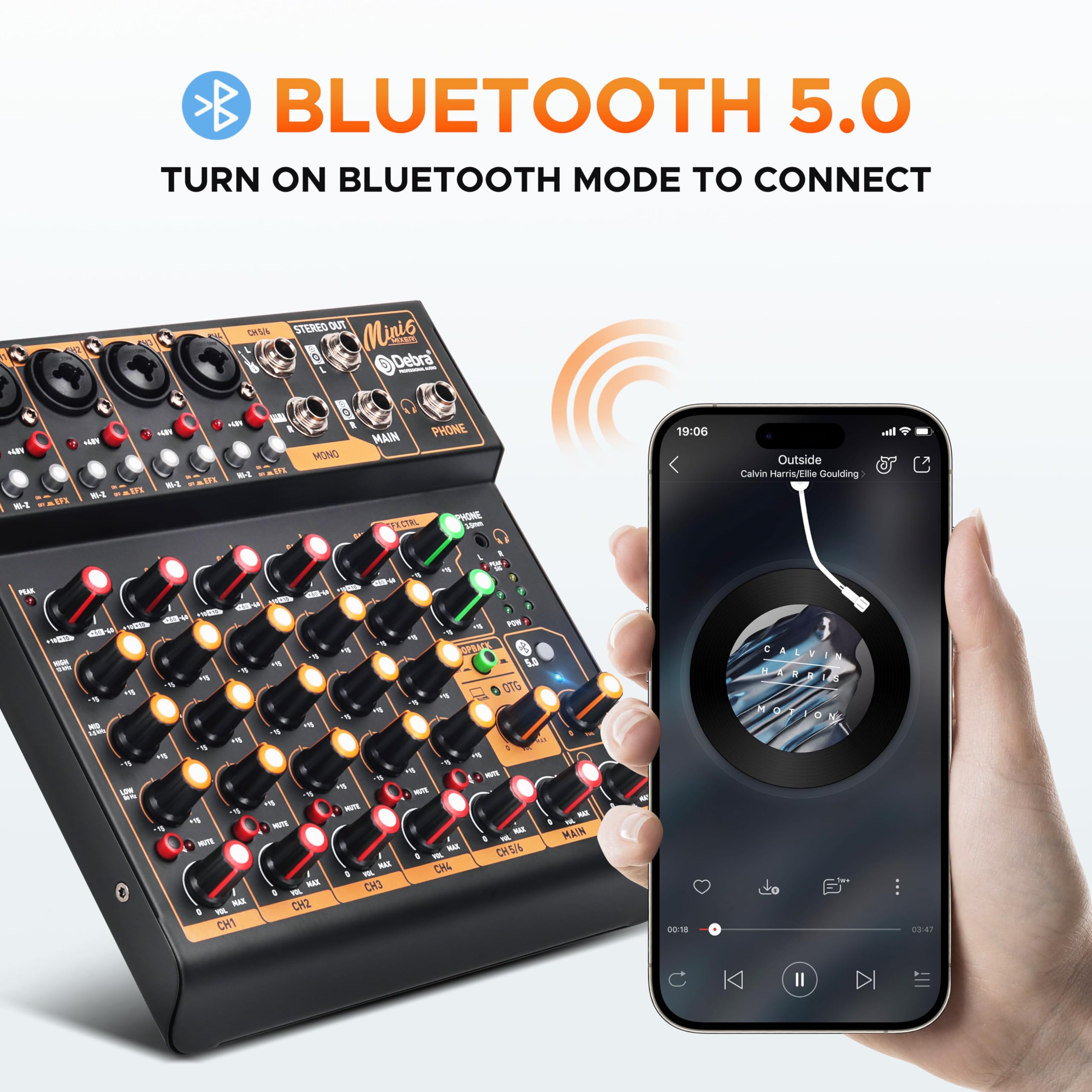 Mini6 Mixer Audio Professionale per DJ – Mixer a 6 Canali con Interfaccia USB, Bluetooth e Alimentazione Phantom 48V – Ideale per Streaming, Podcasting e Performance Live