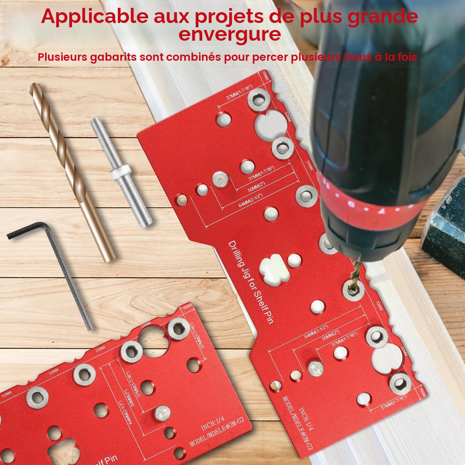 Gabarit de perçage pour étagère avec guide de perçage pour trous droits, matériel de cabinet, outils de menuiserie, accessoire pour outil électrique avec système de trous de poche pour coulisseau de