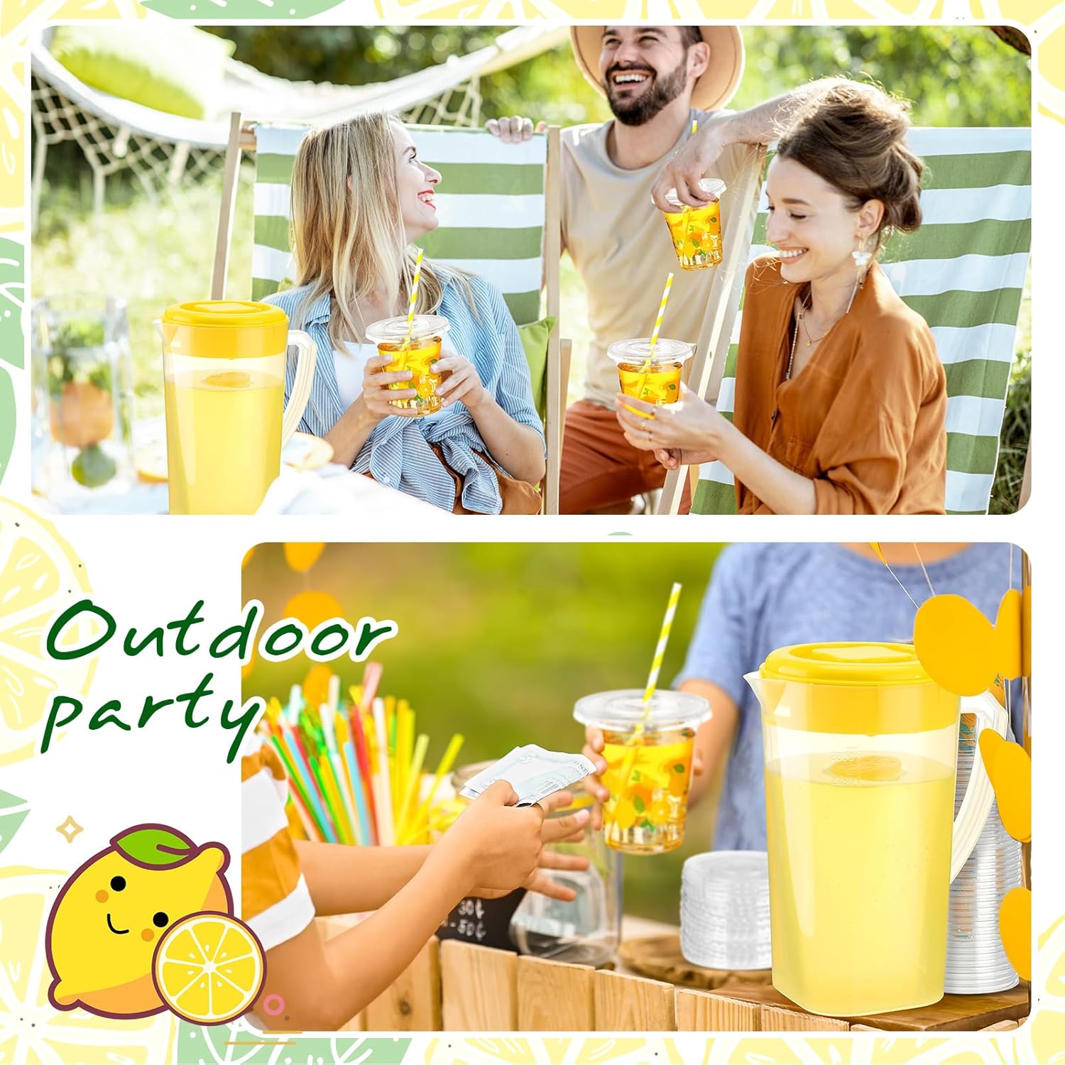 Bokon Lemonade Stand Supplies Include 100 Pcs Cups with Lids and Paper Straws, Tablecloth, Pitcher, Wooden Blackboard, Lemonade Stand Decorations Table Cover(Cute)