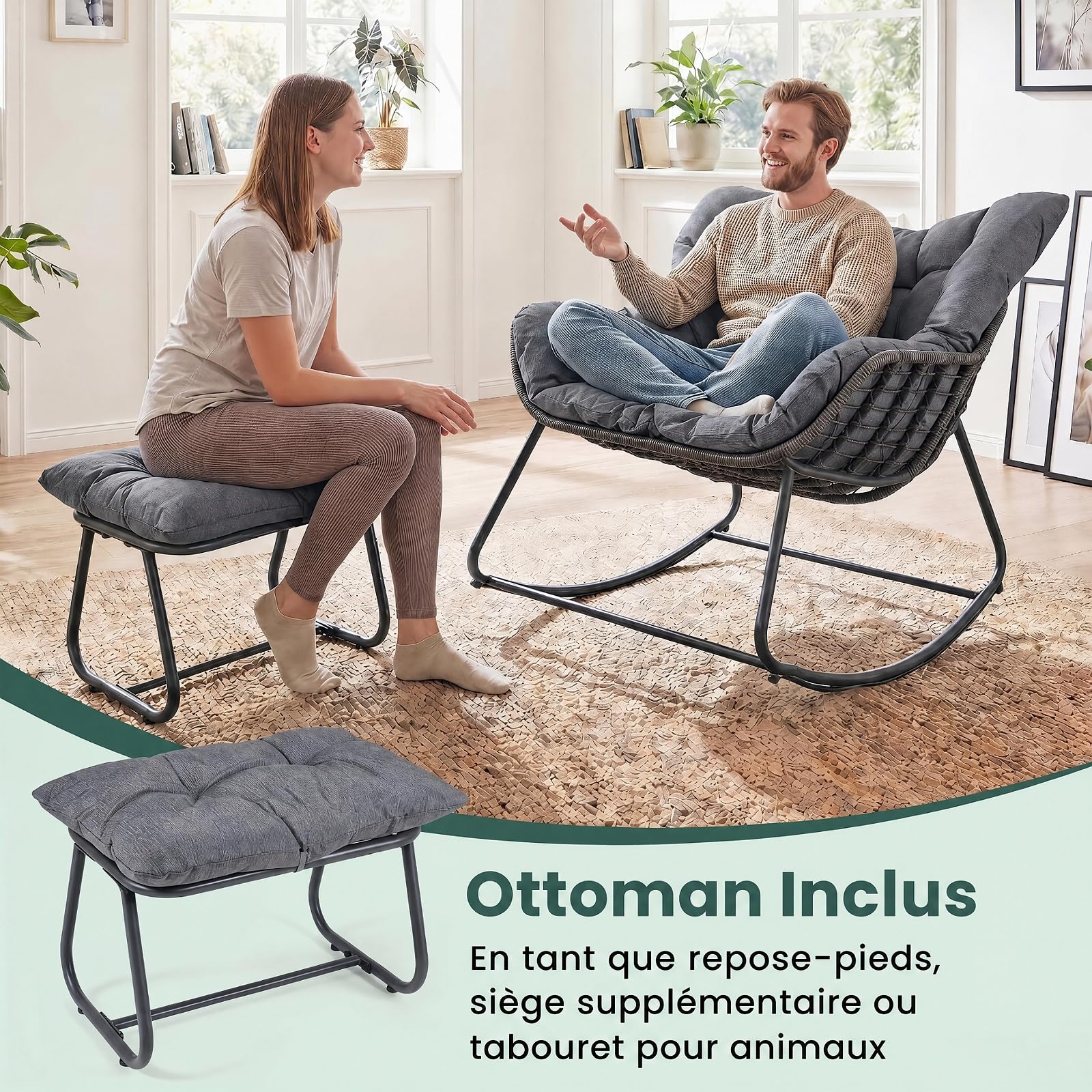 SOARS Fauteuil a Bascule en Rotin PE avec Repose-Pieds, Chaise a Bascule Surdimensionné avec Coussin Rembourré, Cadre en Métal, Charge 150KG, Rocking Chair en Forme d’Œuf Salon Jardin Balcon (Gris)