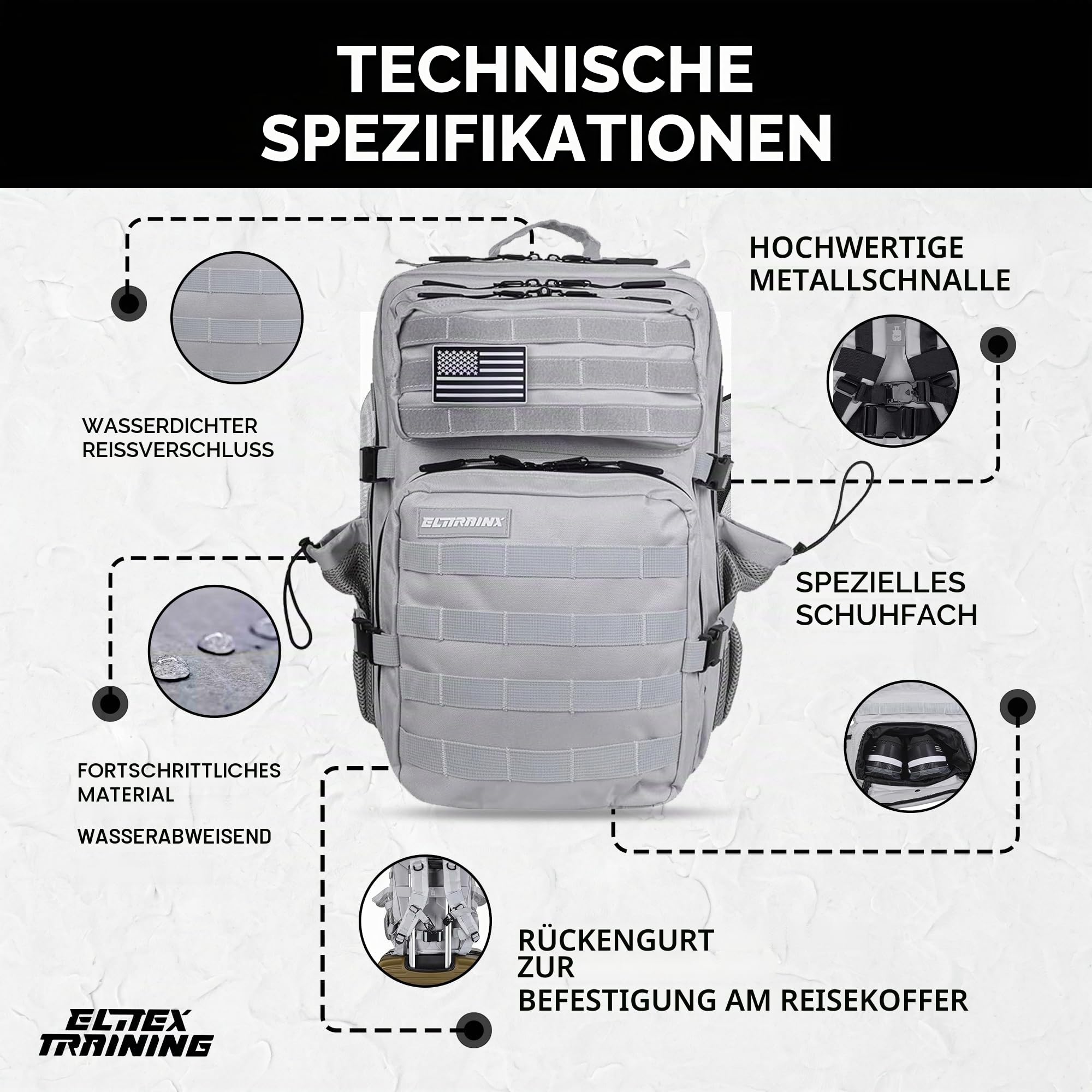 ELITRAINX ELITEX TRAINING Militär-Rucksack, 45 l, wasserdicht, Sport, Flugzeugkabine, CrossTraining, Outdoor-Sport, Fitnessstudio, tragbar