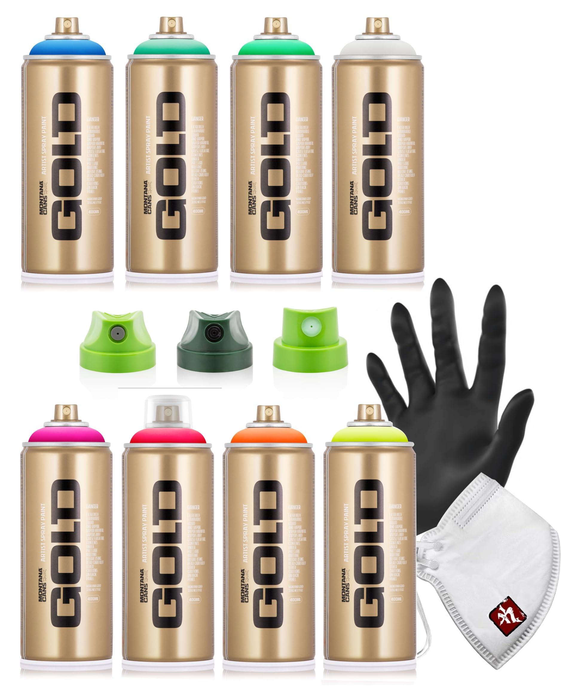 Montana GOLD PRO Sprühdosen Set 400 ml – 8 Farben Neon Grün Pink Orange Blau Rot Gelb Cyan Weiß – inkl. 3 Ersatzsprühköpfe, Schutzmaske & Nitrilhandschuh – Spray Paint für Graffiti, Street Art und DIY
